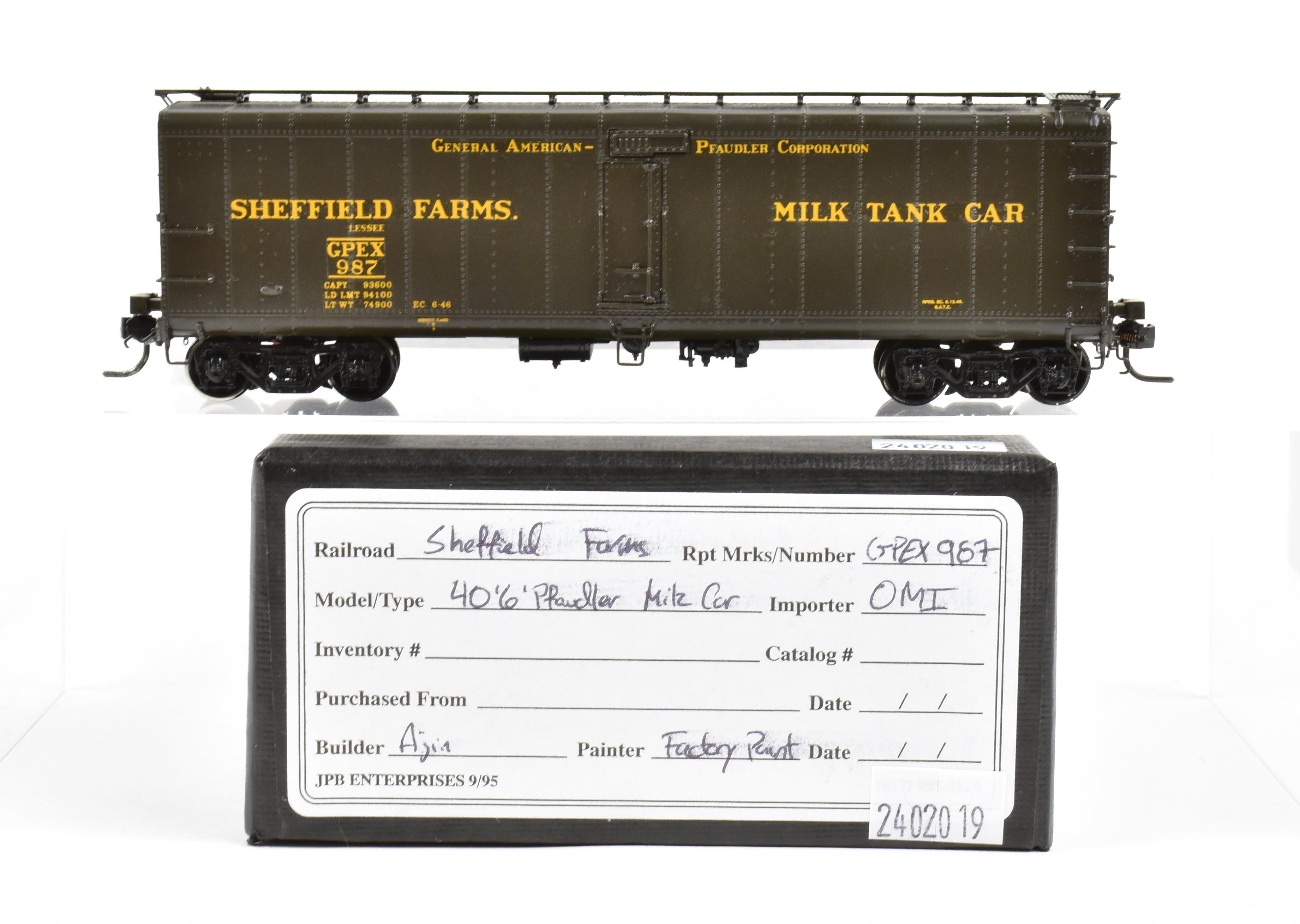 HO Brass OMI 40' 6 GPEX 987 Pfaudler Milk Tank Car - Various Roads