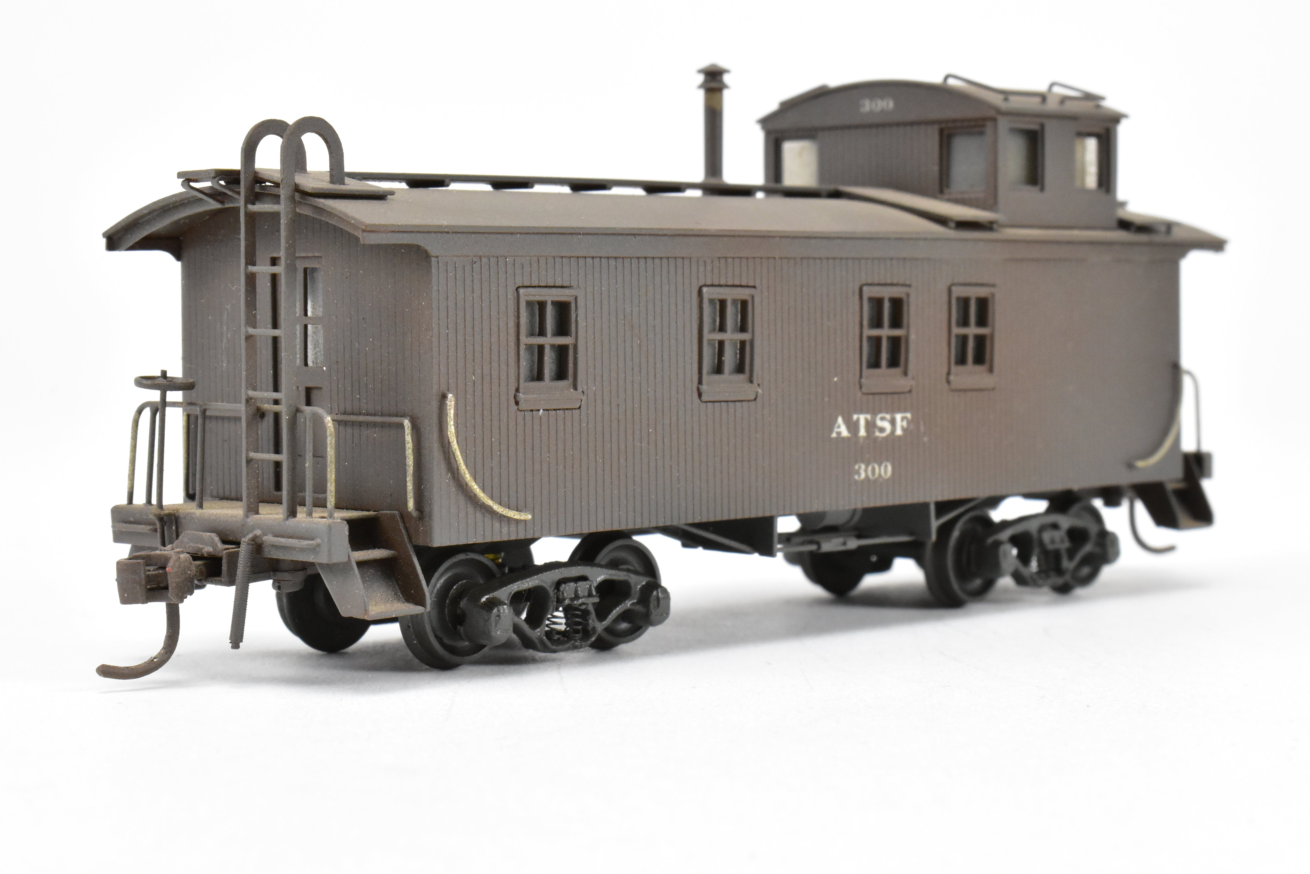 HO Scale Brass Model Trains by Trains, Inc. - ATSF Santa Fe Wood Caboose Custom Painted and Weathered, Number 300