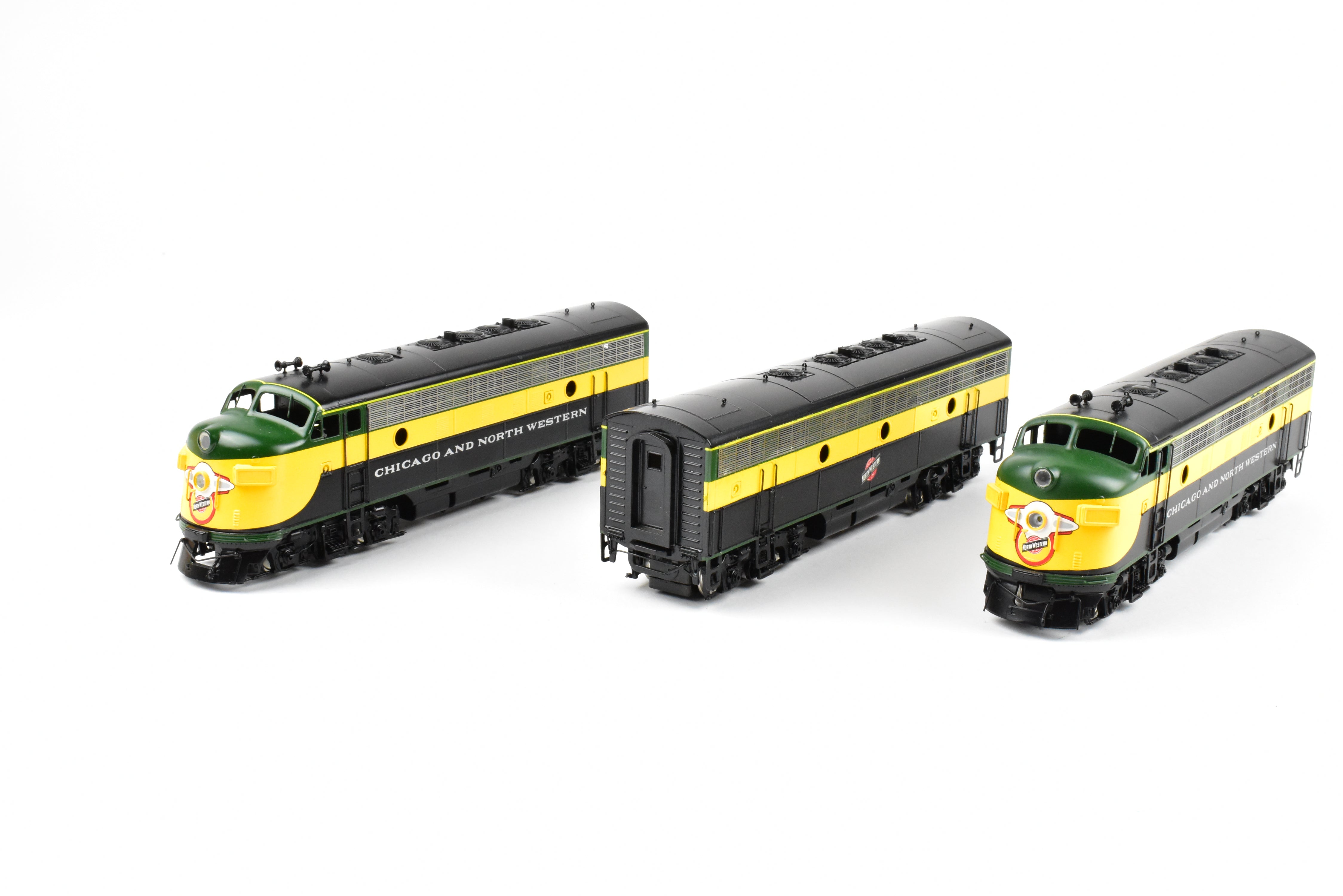 High - Quality HO Scale Brass Model Train Set - Chicago and Northwestern EMD F7A/F7B/F7A Phase I 1500 HP 3 - Unit Set in Freight Scheme by Oriental Limited