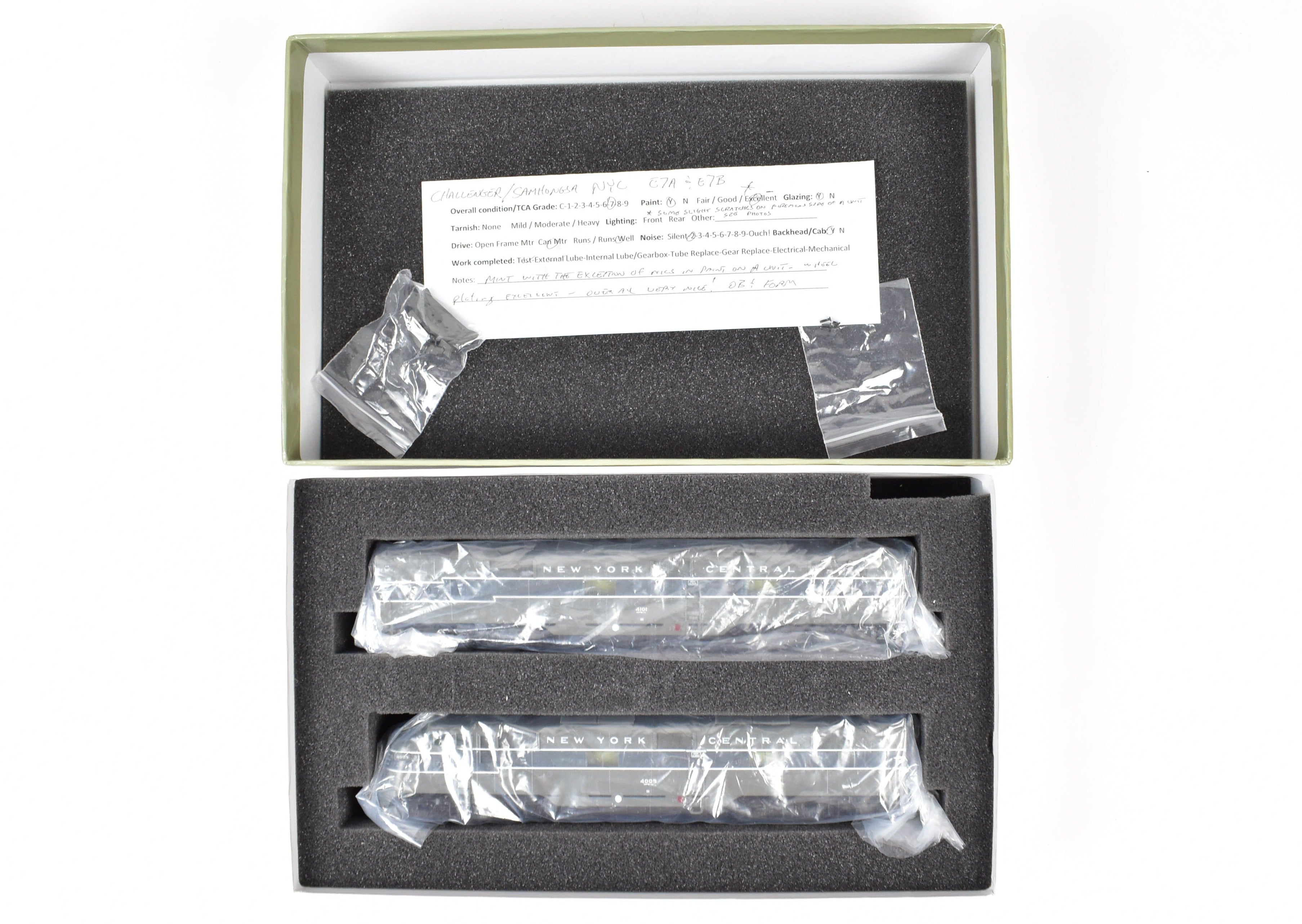 HO Scale Brass Model Train Set - New York Central EMD E7A/E7B Set FP Nos. 4005/4101 with Reverse Lightning Stripe by Challenger Imports NYC