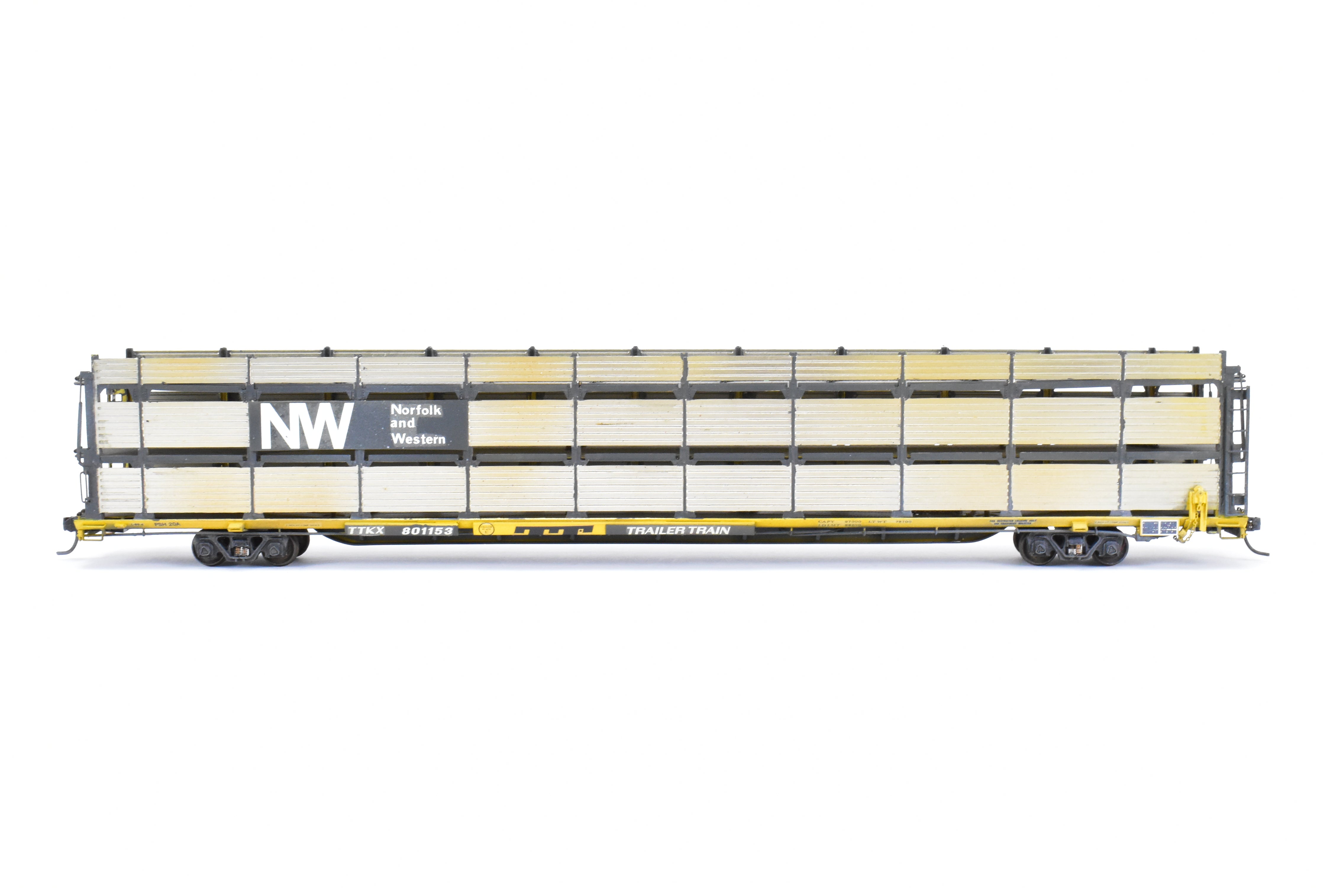 HO Scale Brass Model Tri-Level Auto Rack by Overland Models, Inc. (OMI) - Norfolk & Western Design with Pressed Sides, No Roof, C/P TTKX, and Lightly Weathered Appearance