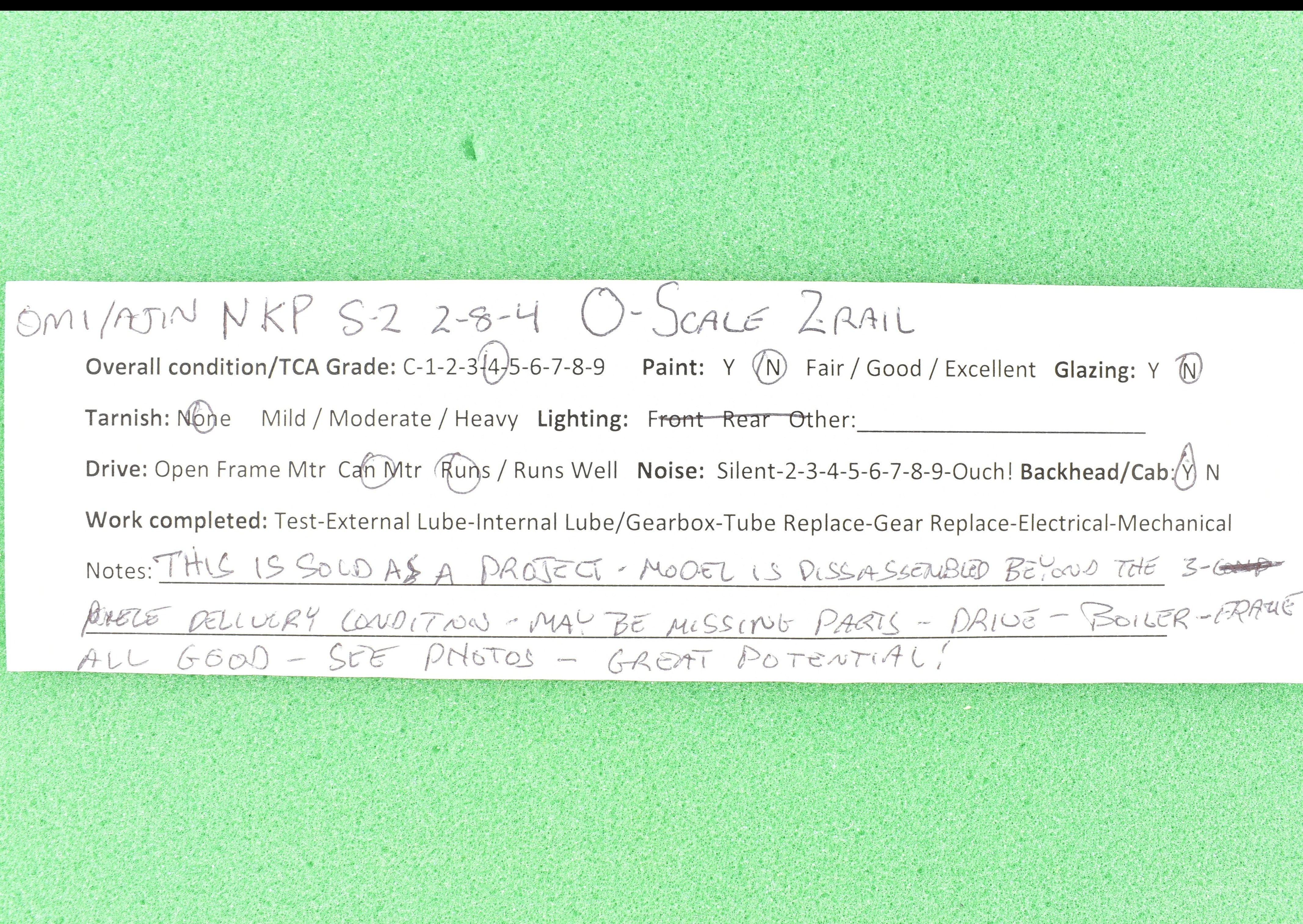 Overland Models, Inc. O Scale Brass NKP - Nickel Plate Road S-2 2-8-4 Model for Restoration in AS-IS Condition