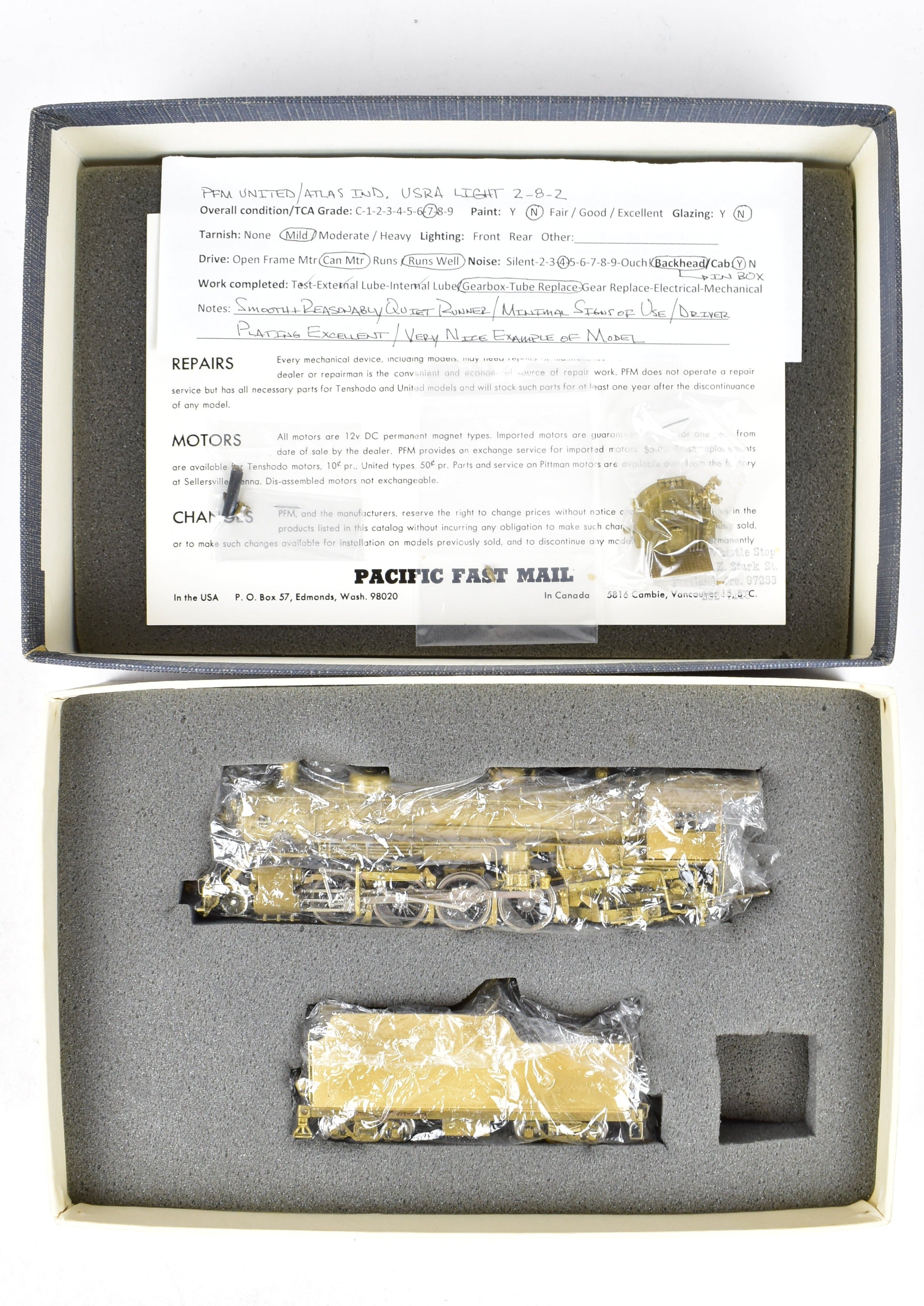 High - Quality HO Scale Brass Pacific Fast Mail (PFM) Model of United States Railway Administration (USRA) 2 - 8 - 2 Light Class Mikado Locomotive from 1977 Hi - Grade Run