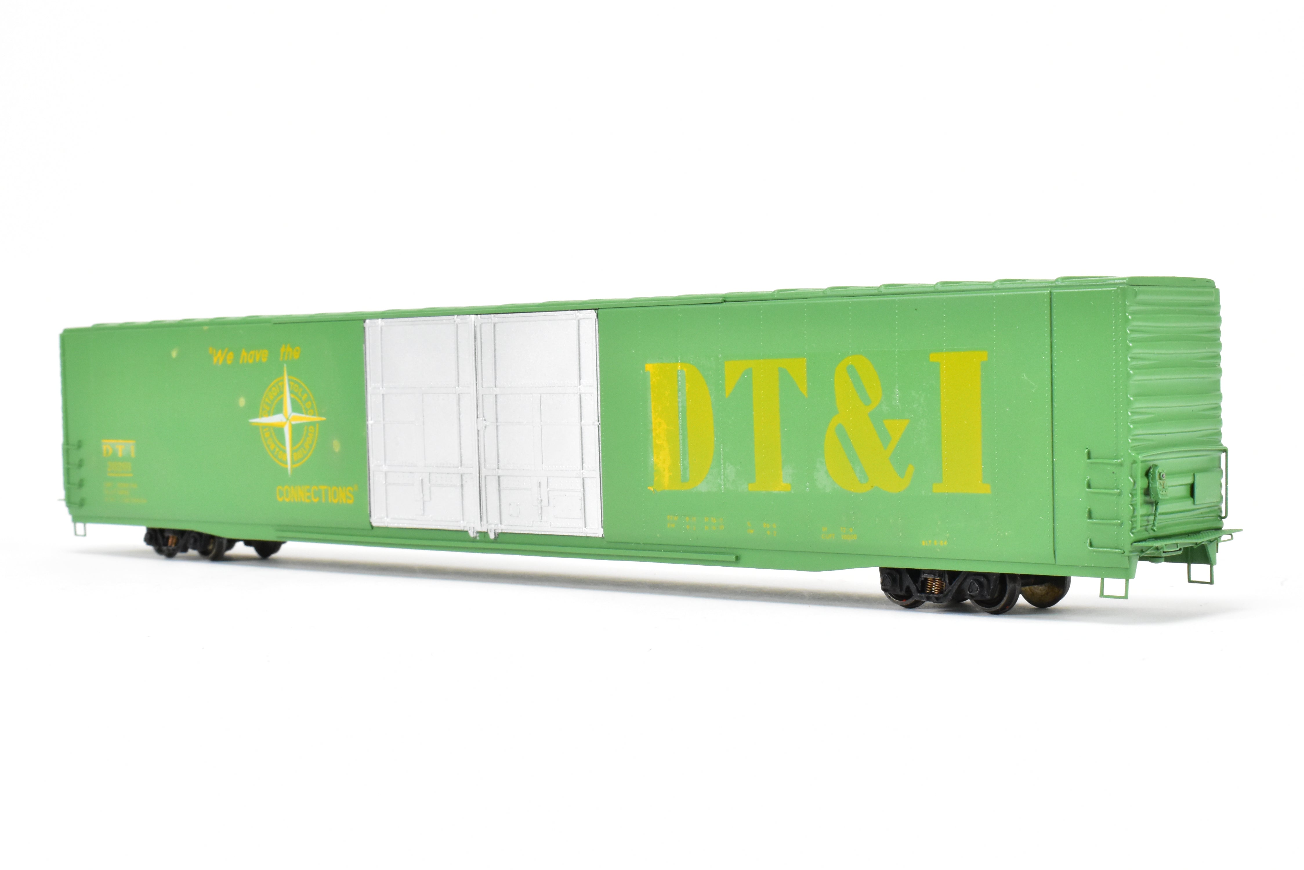 HO Scale Brass Model Trains - Detroit Toledo & Ironton (DT&I) 86 Foot High - Cube Boxcar, Custom - Painted in Lime Green, Model Number CP DT&I 26201