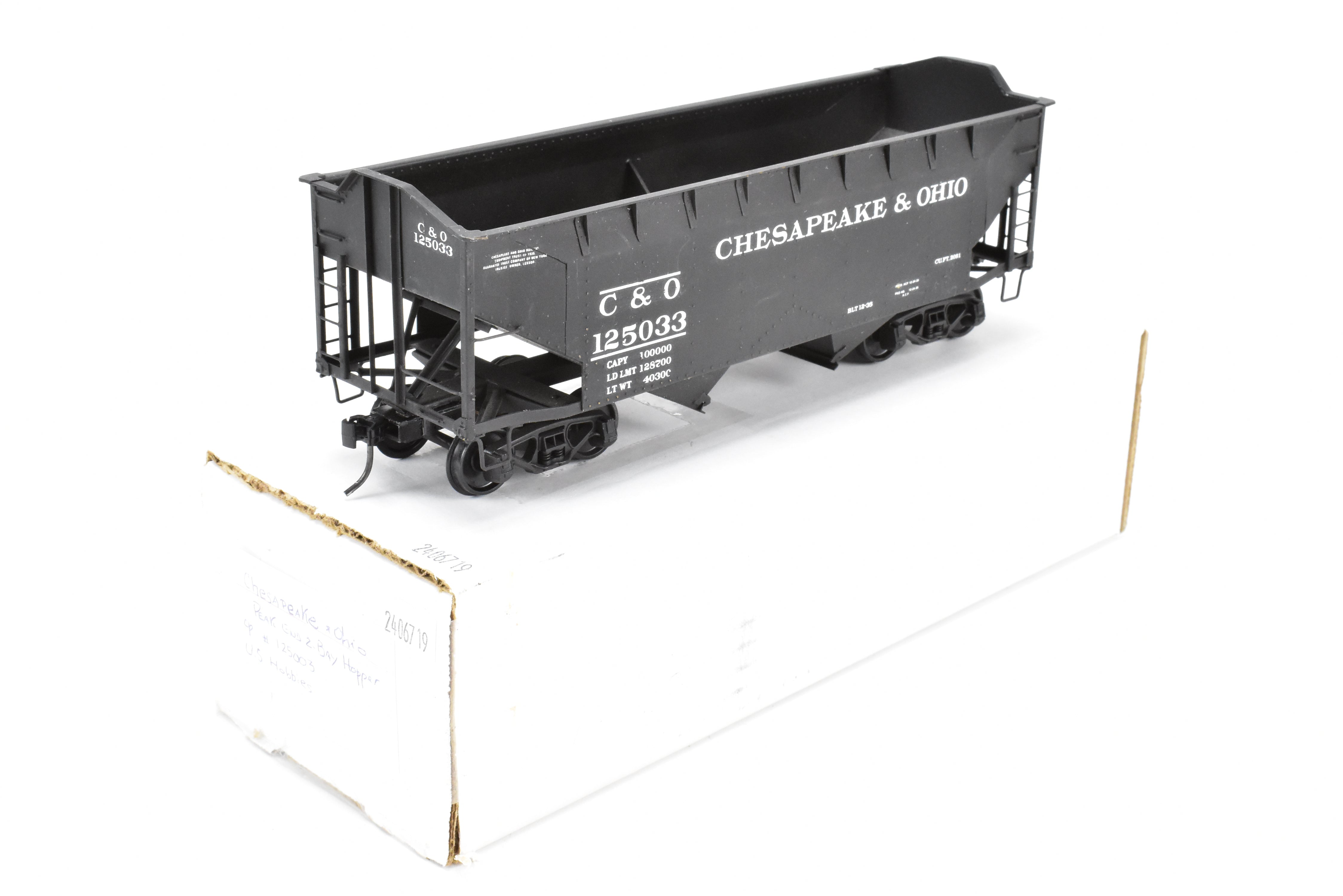 O Scale Custom Painted C&O Brass US Hobbies 2 Bay Hopper No. 125033