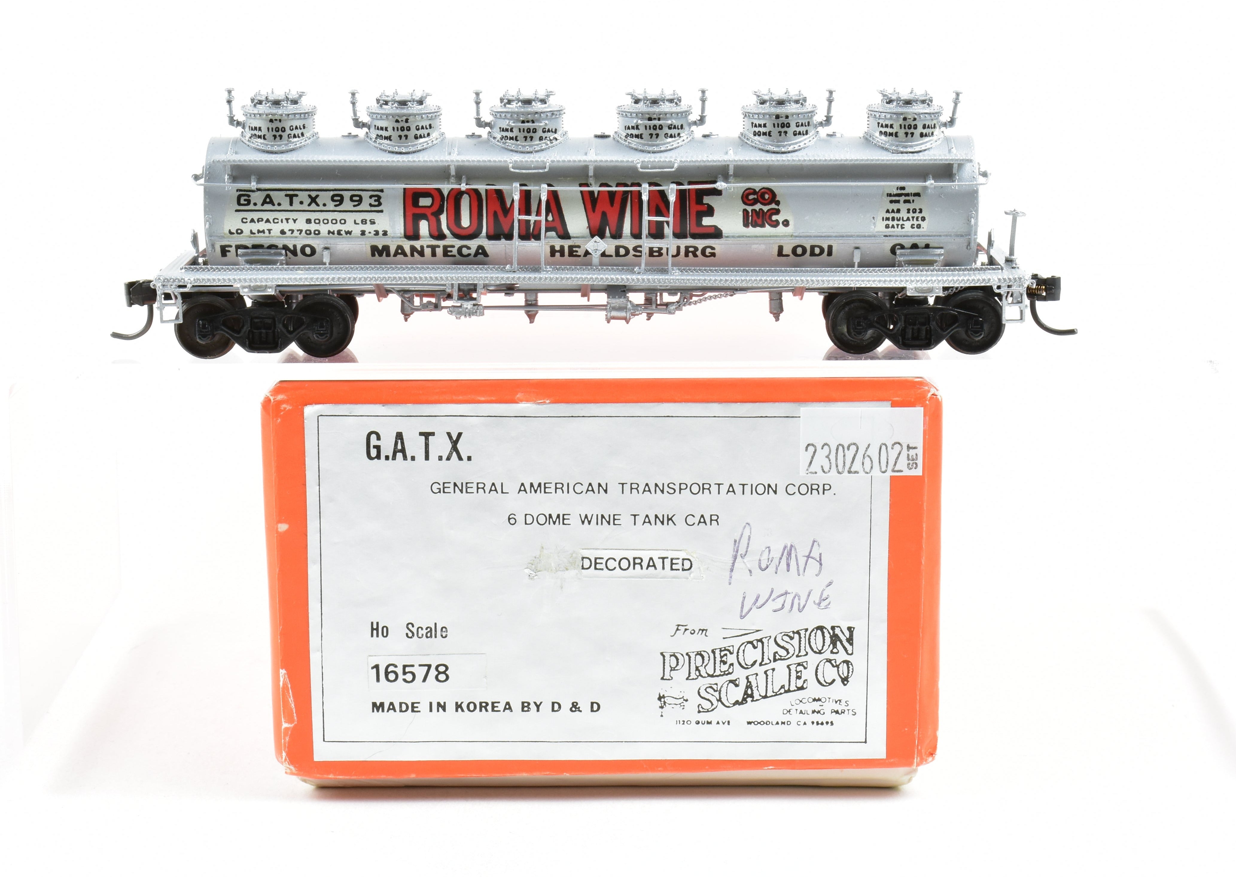 High - Quality HO Scale Brass Precision Scale Co. Unadorned G.A.T.X. 6 Dome - Wine Tank Car Professionally Custom Painted for Roma Wine Model Train