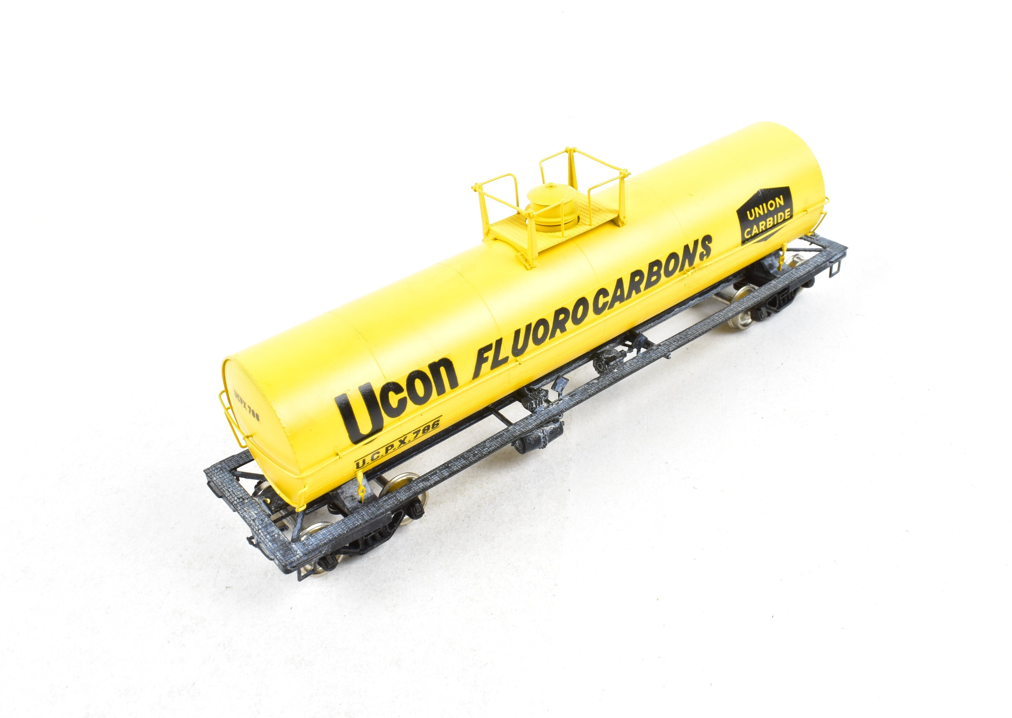 HO Scale Brass Precision Scale Co. (PSC) 12,000 Gallon Tank Car Factory-Painted in Yellow for Union Carbide, Various Roads Model
