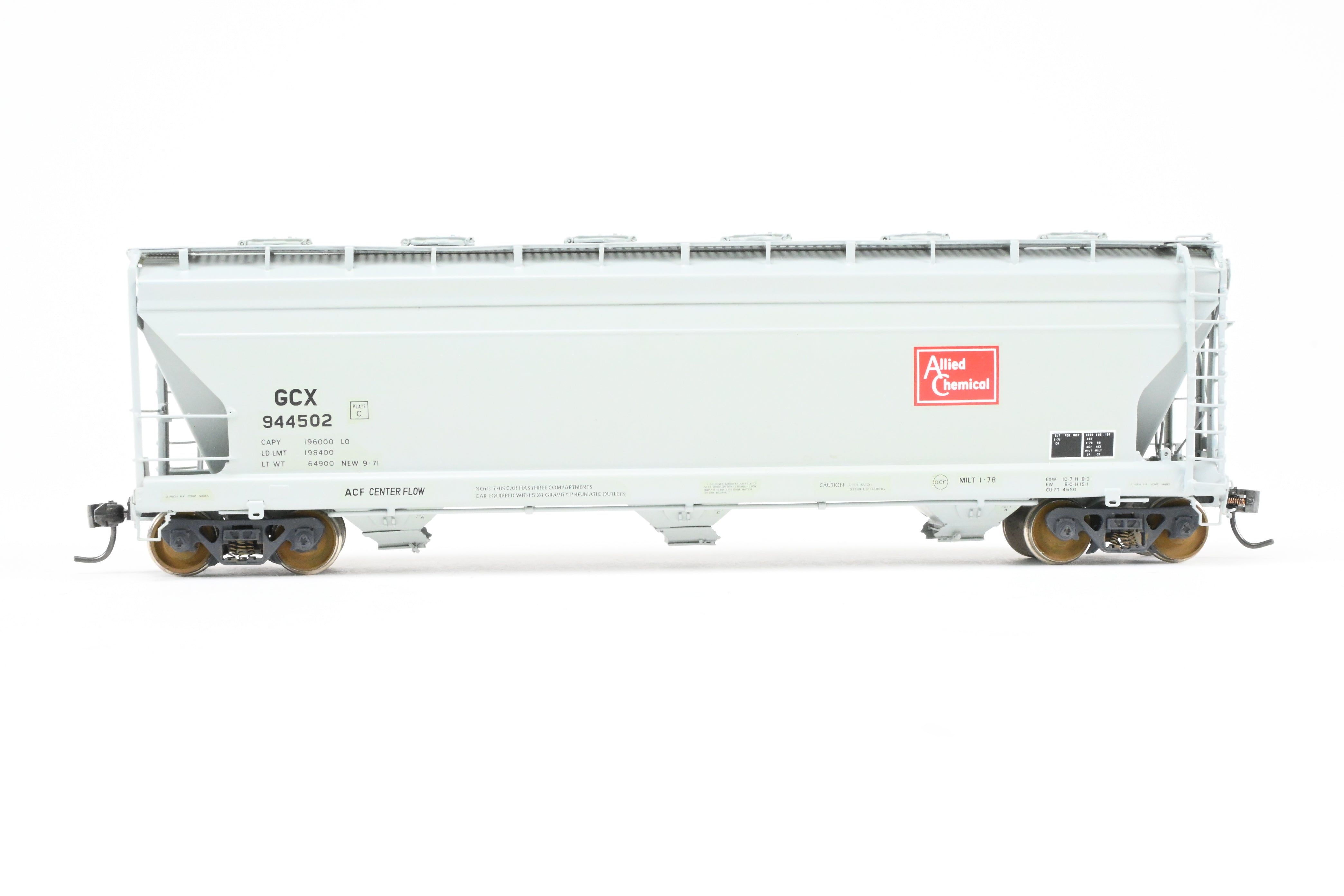 HO Scale Brass Model - Overland Models, Inc. Various Roads ACF 3 - Bay Counterflow 4650 Cubic Feet Covered Hopper Railway Model with 6 Round Hatches for CP Allied Chemical #944502