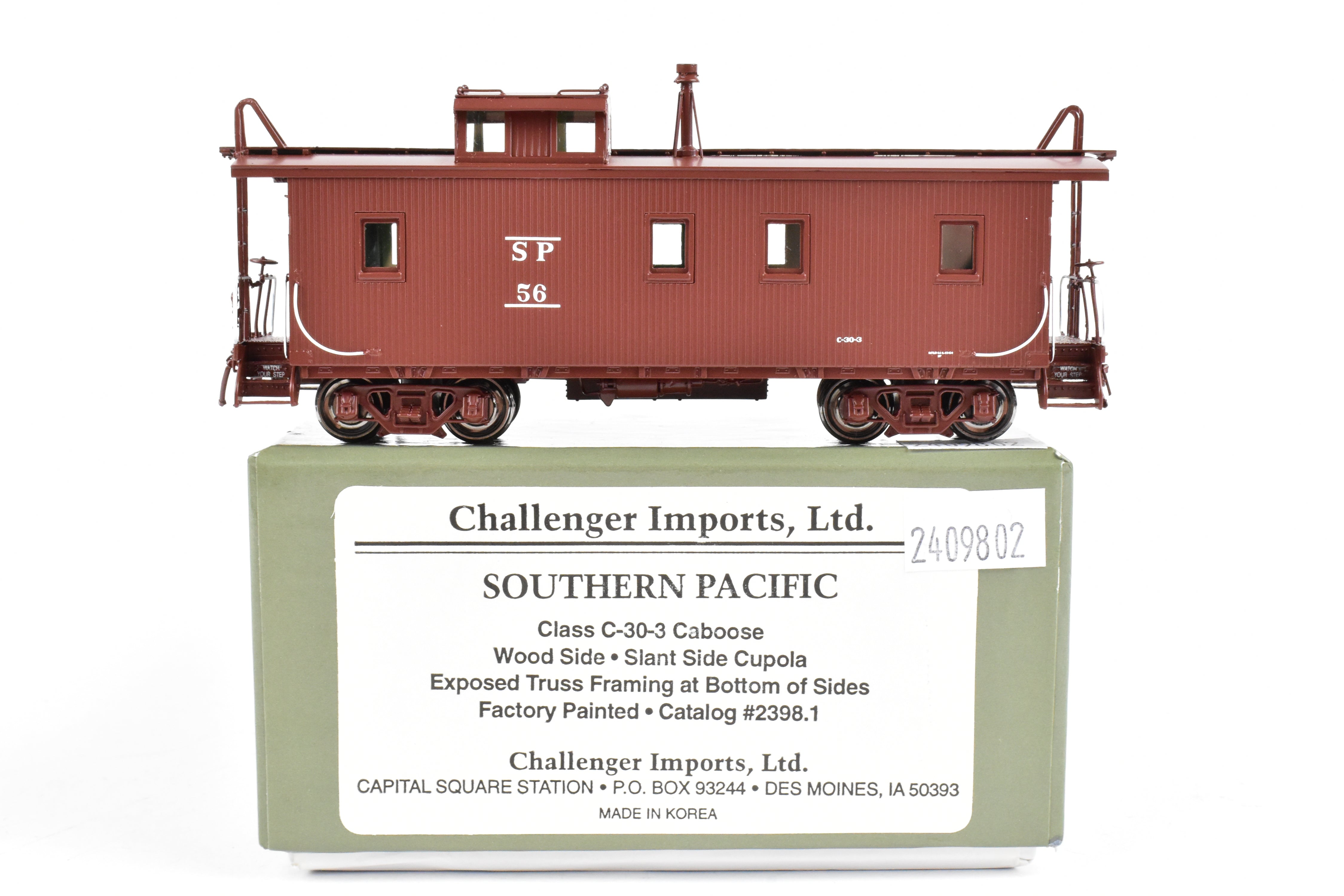 HO Scale Brass CIL - Challenger Imports Southern Pacific Wood Side Caboose Model with Slant Side Cupola, Class C - 30 - 3, Freight Car No. 56
