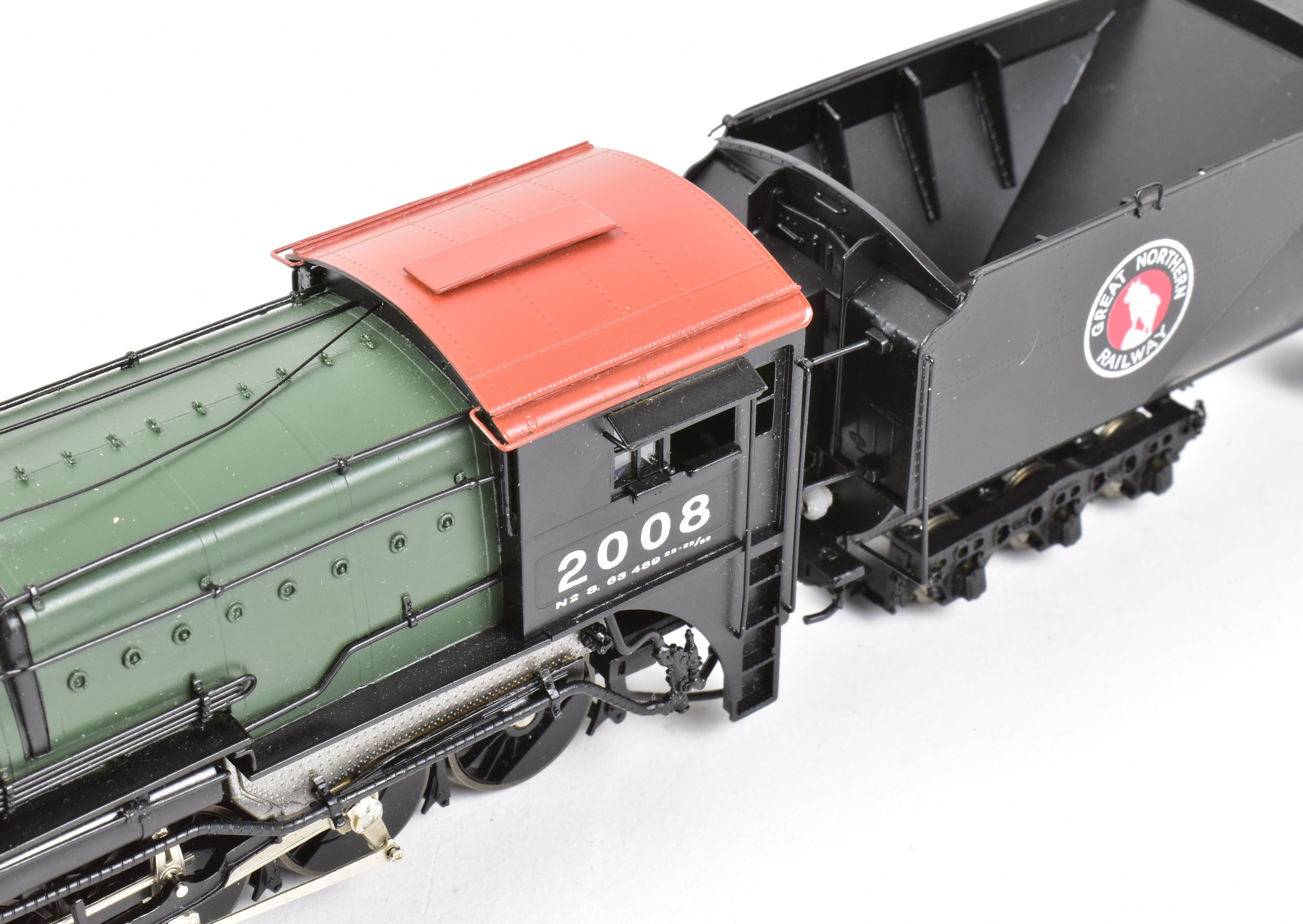 HO Scale Brass Model Train - Precision Scale Co. (PSC) Great Northern Class N - 2 2 - 8 - 8 - 0 Locomotive with Vestibule Cab in Glacier Park Painting Scheme