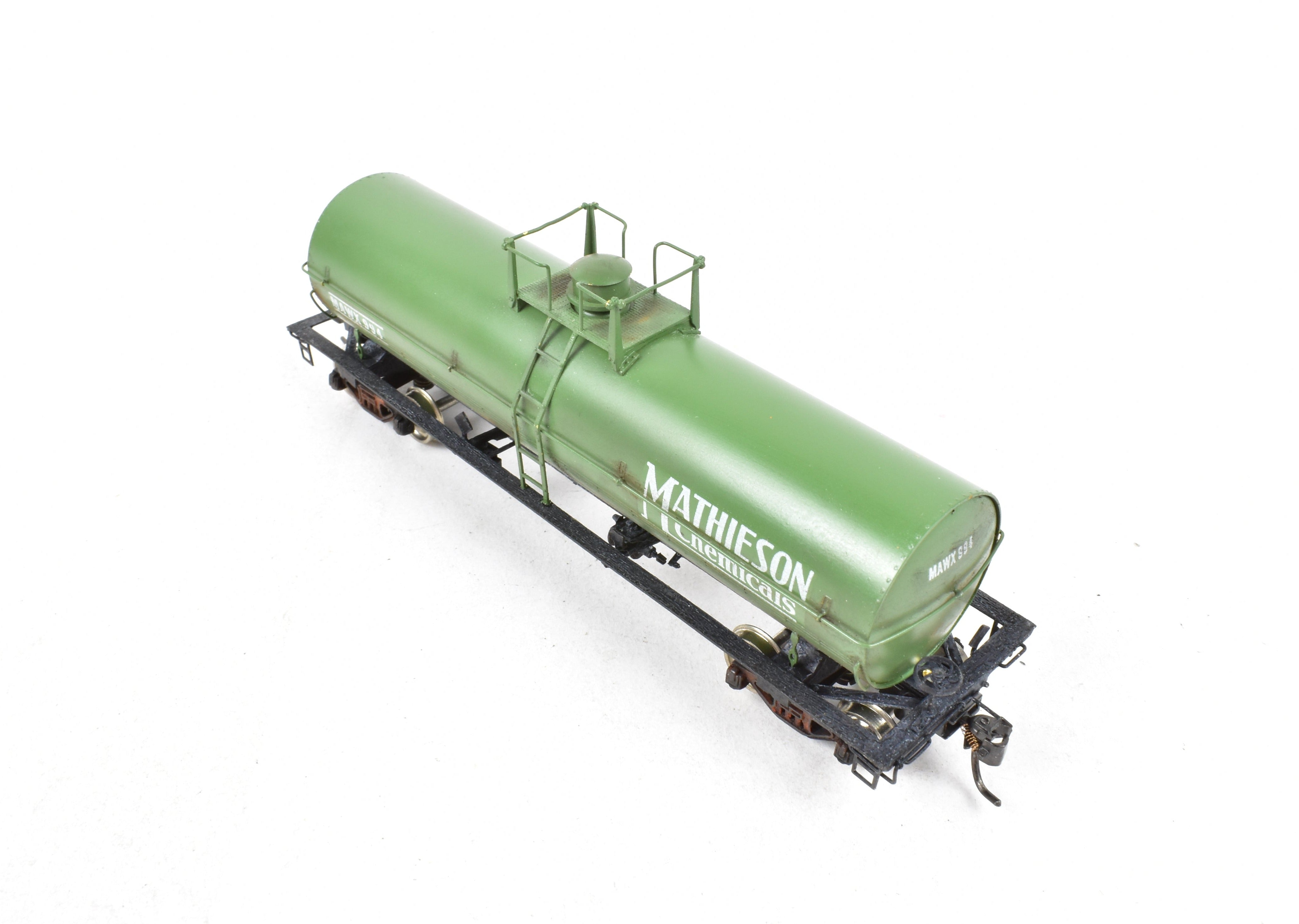 HO Scale Brass Precision Scale Co. 12,000 Gallon Tank Car Model Painted in Green with Mathieson Chemicals Decals