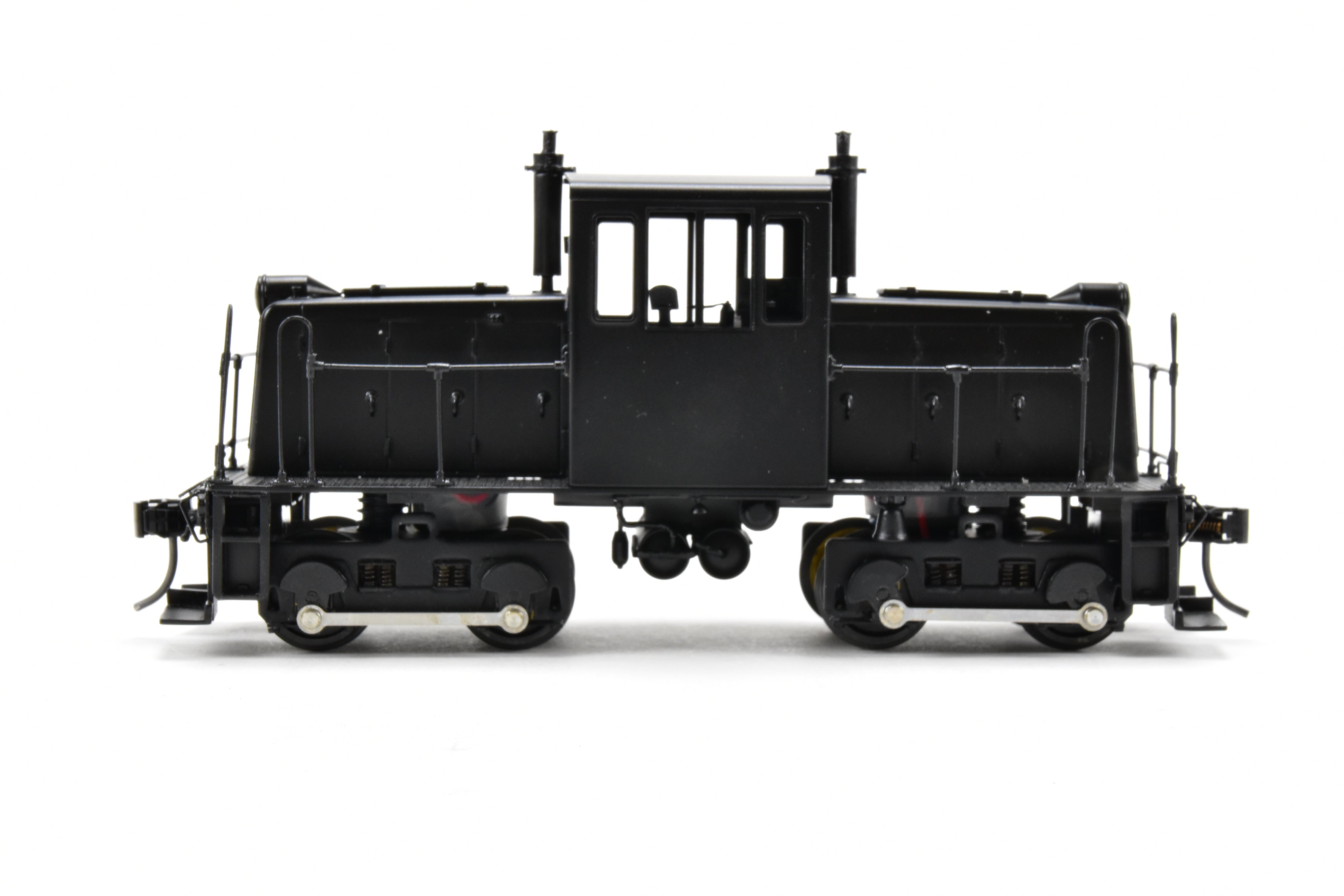 O Scale 1:48th Brass RYM - Rich Yoder Models 45 Ton Side-Rod Diesel FP in Glossy Black, Unlettered, Ideal for Shortline/Industrial Switching
