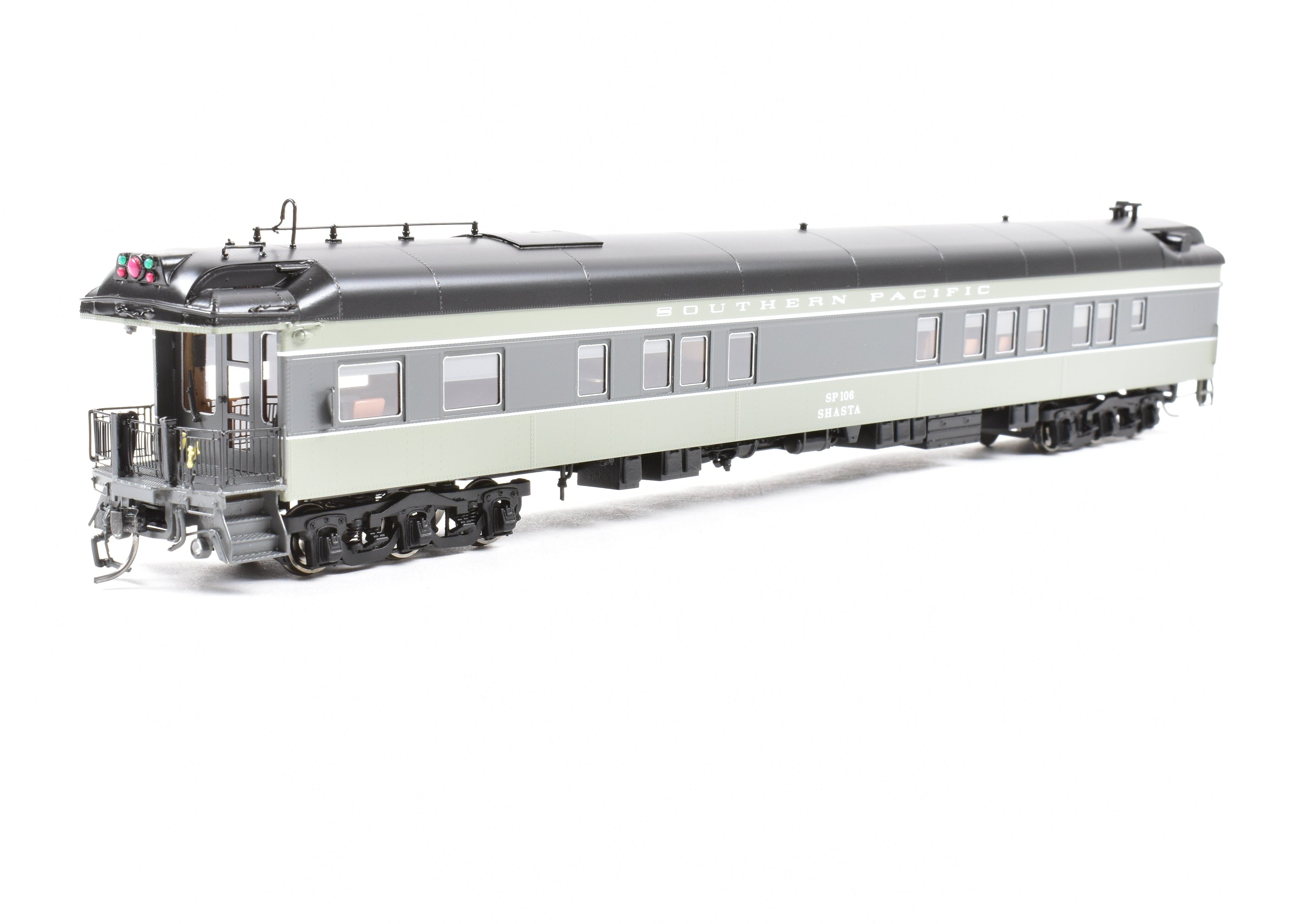 High - Quality HO Scale New Brass Model of North Bank Line Southern Pacific Shasta #106 Business Car in Two - Tone Grey Color