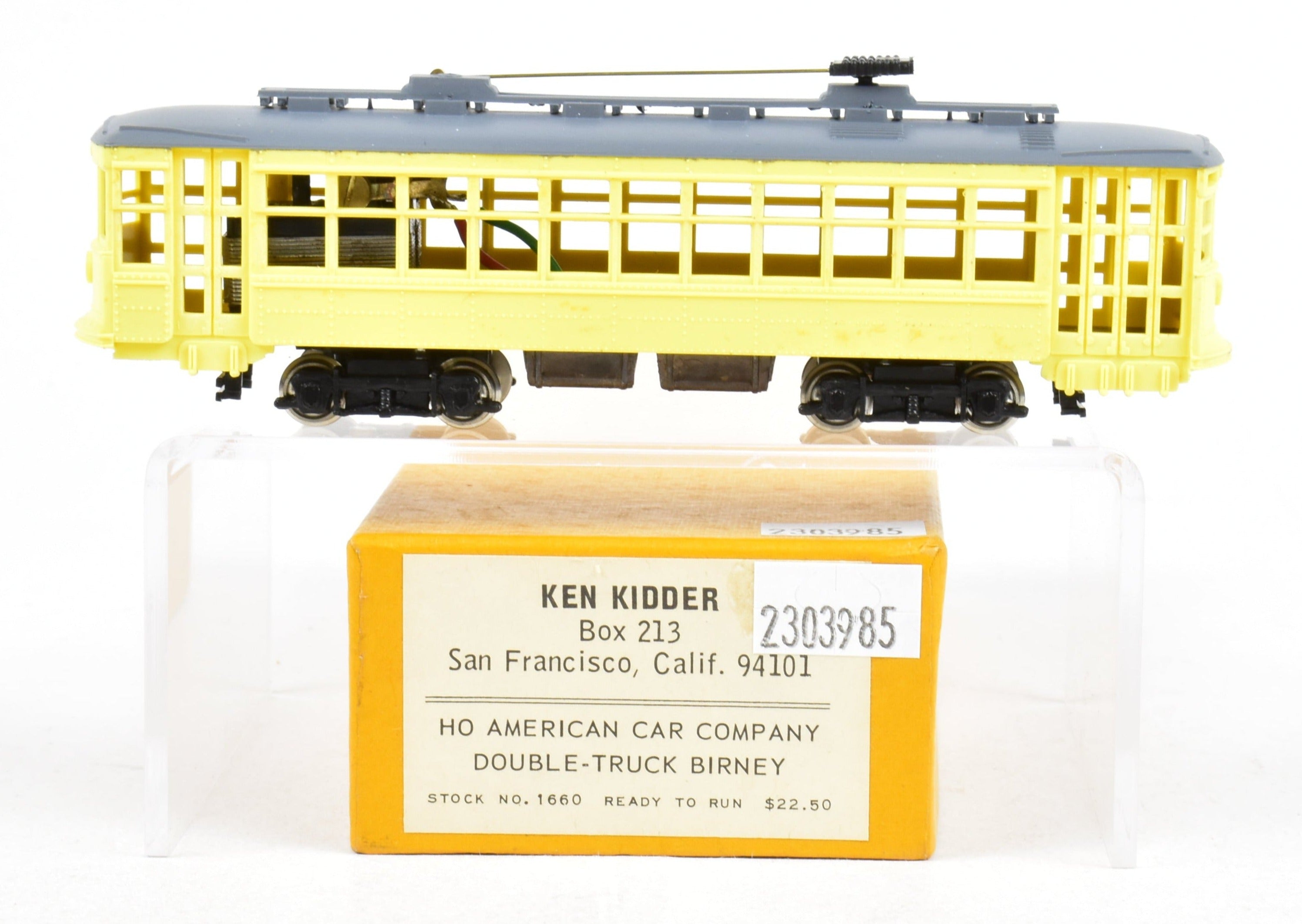 HO Scale American Car Co. Double - Truck Birney Trolley Model by Ken Kidder with Painted Plastic Body