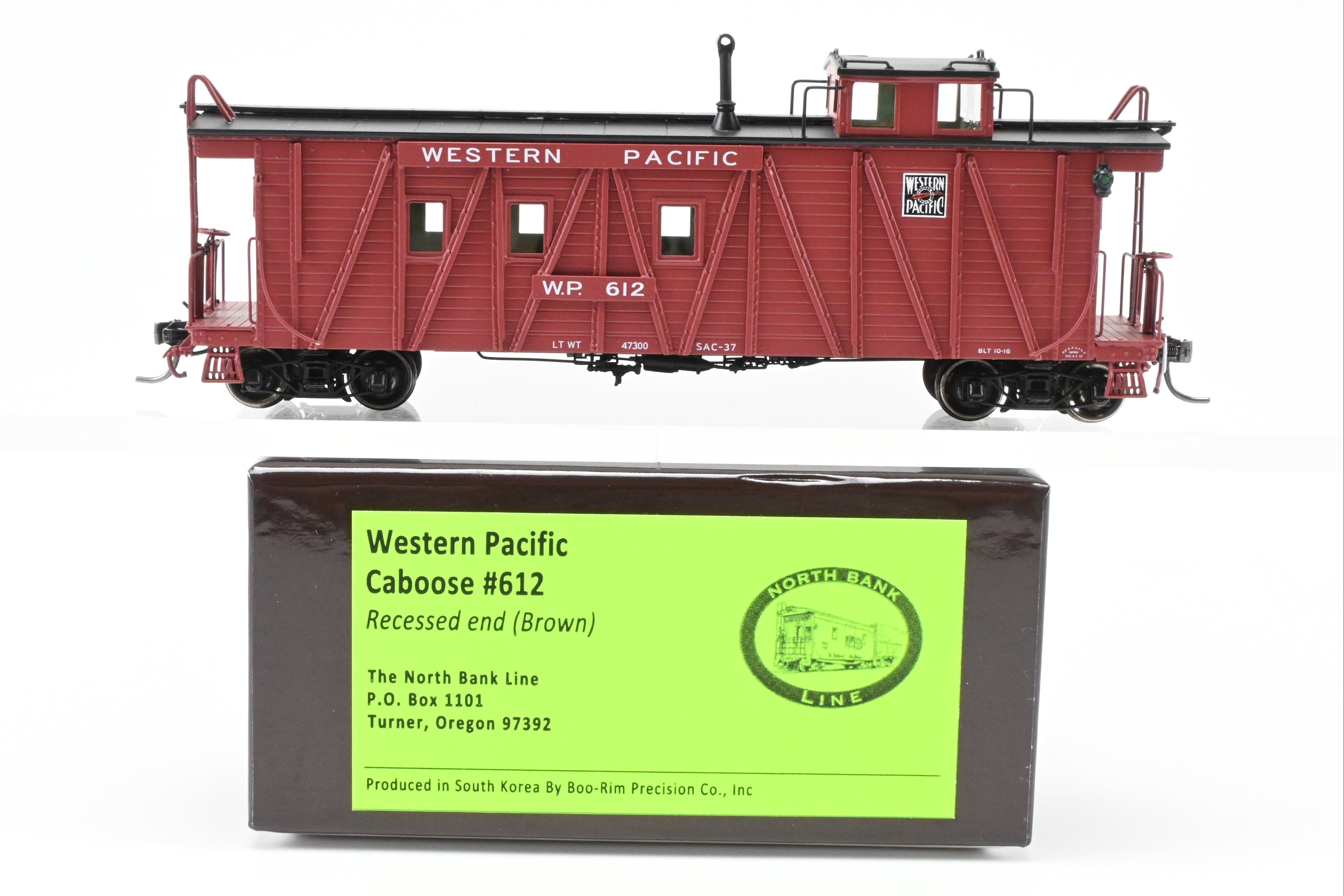 High - Quality HO Scale New Brass North Bank Line (NBL) and Western Pacific (WP) Caboose #612 with Recessed Ends and FP Brown Finish, Ideal for Model Train Enthusiasts