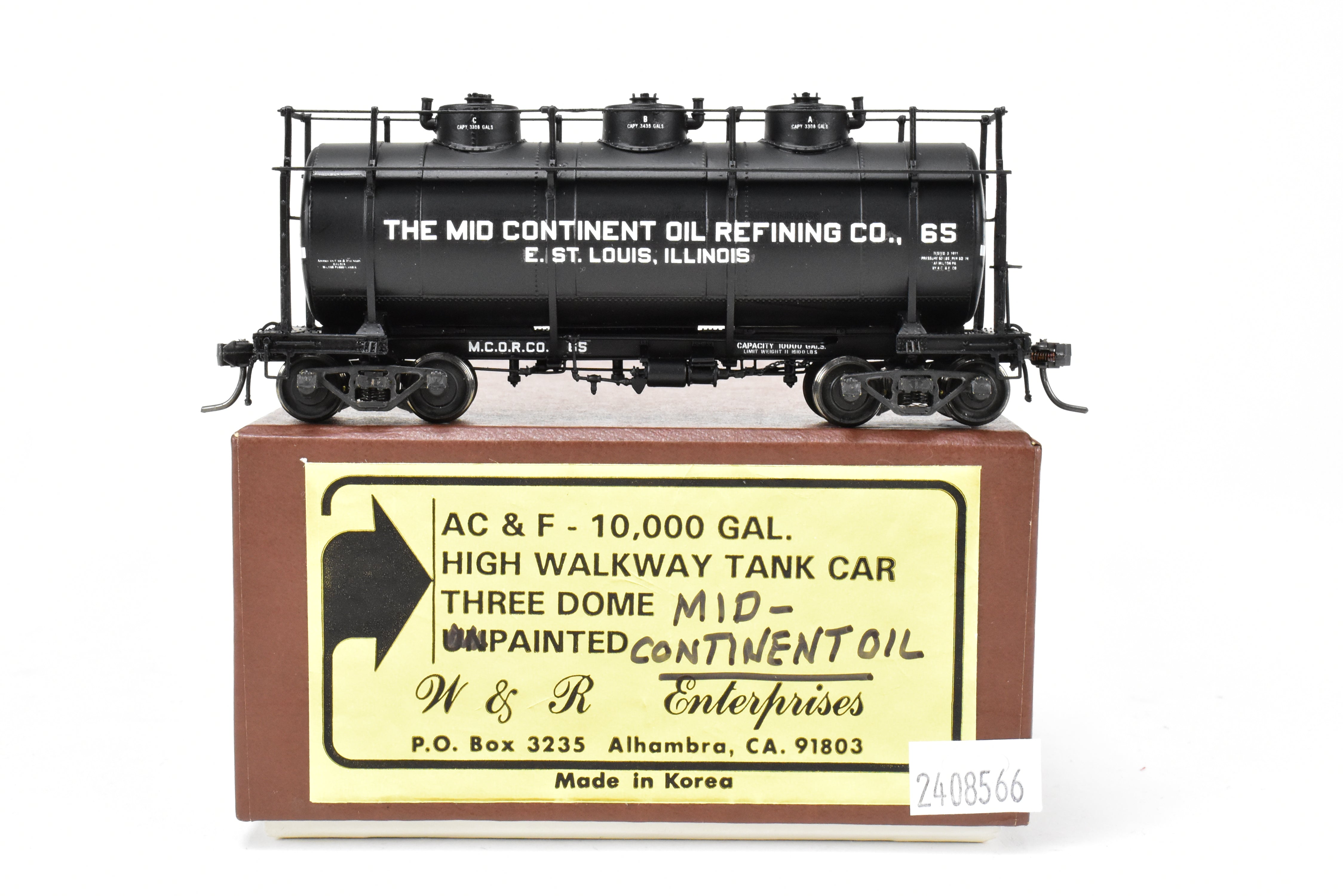 HO Scale Brass Model Train W&R Enterprises Various Roads AC&F 10,000 Gallon 3-Dome Tank Car Featuring High Walkway and Custom Paint by The Mid Continent Oil Refining Co.