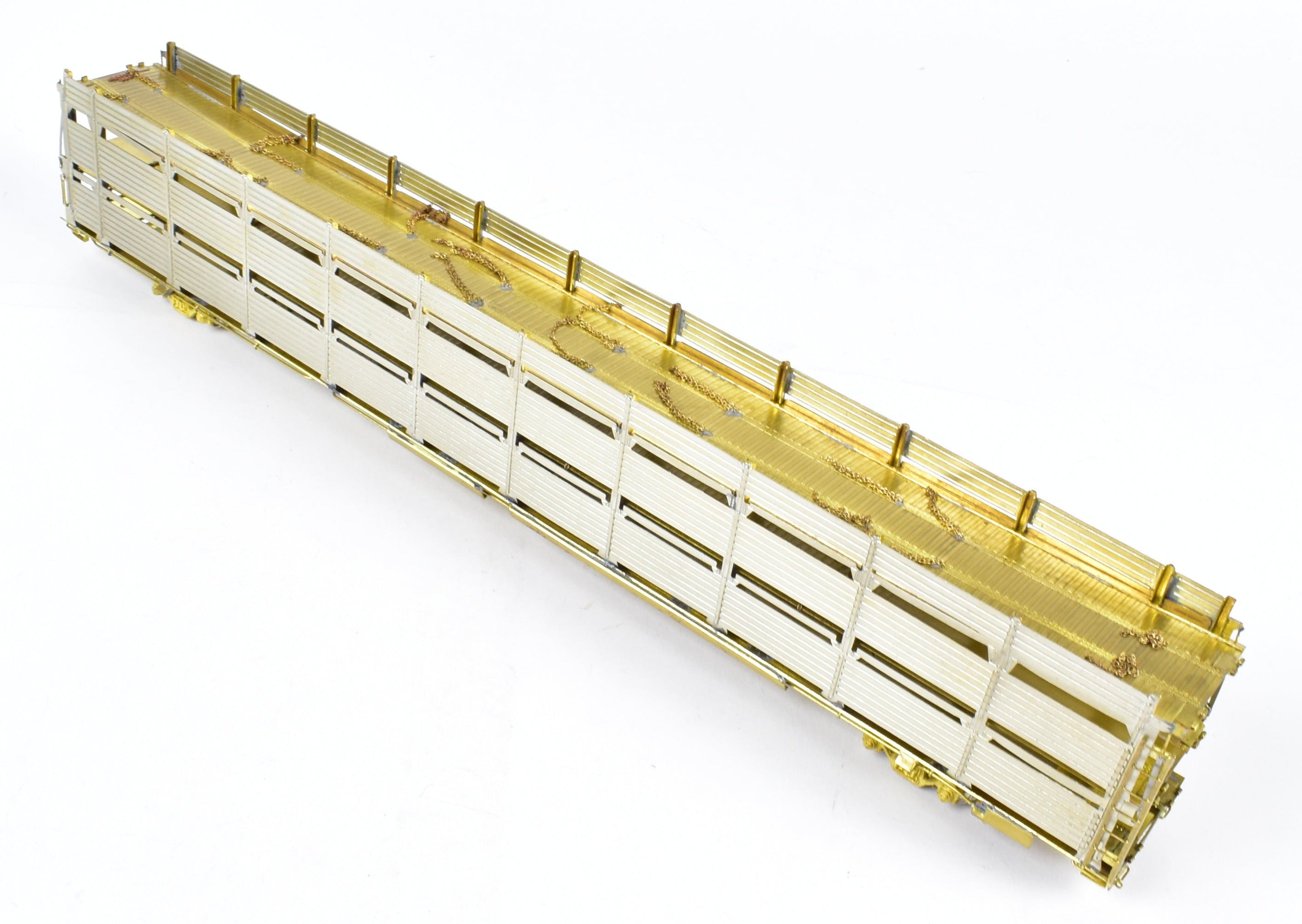 HO Scale Brass Tri - Level Auto Rack Model by Overland Models, Inc. (OMI) for Various Railroads like ATSF, BN, CR, N&W, and SP with Pressed Sides and Optional Roof
