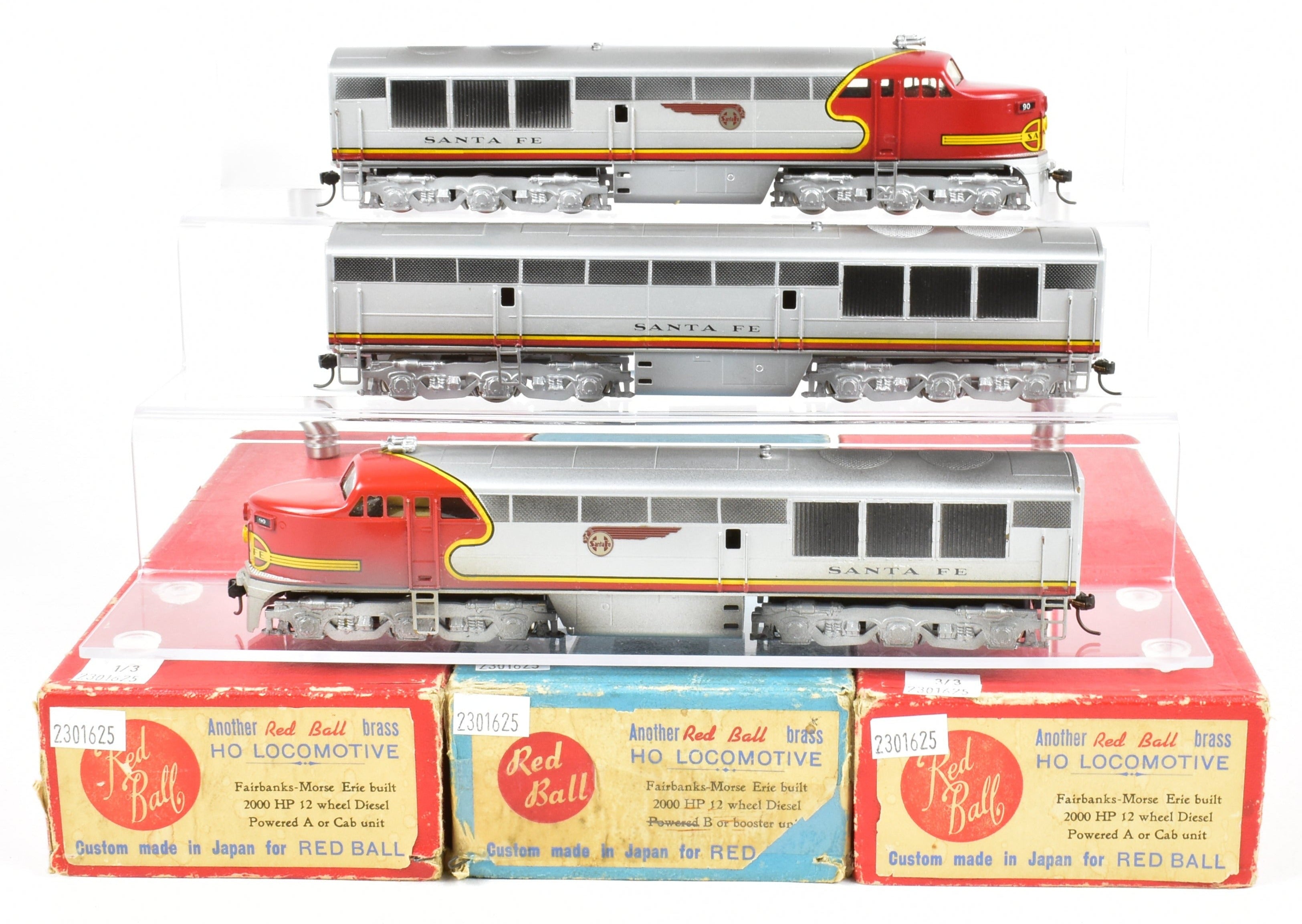HO Scale Brass Red Ball AT&SF - Santa Fe Fairbanks Morse FM Erie Built A-B-A Set Model Trains with Custom Painted Finish and Can Motor Upgrades