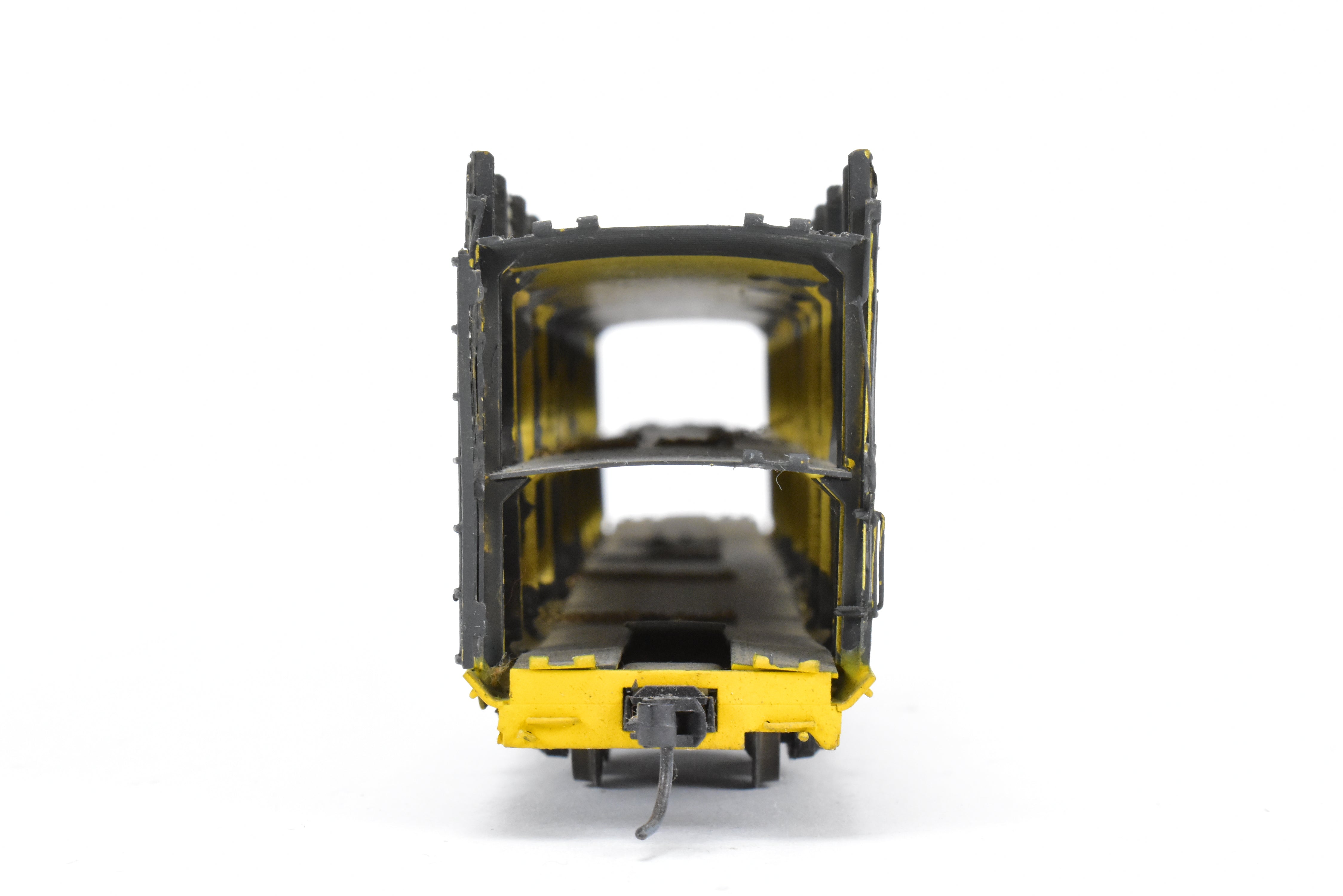 HO Scale Brass Model Tri-Level Auto Rack by Overland Models, Inc. (OMI) - Norfolk & Western Design with Pressed Sides, No Roof, C/P TTKX, and Lightly Weathered Appearance