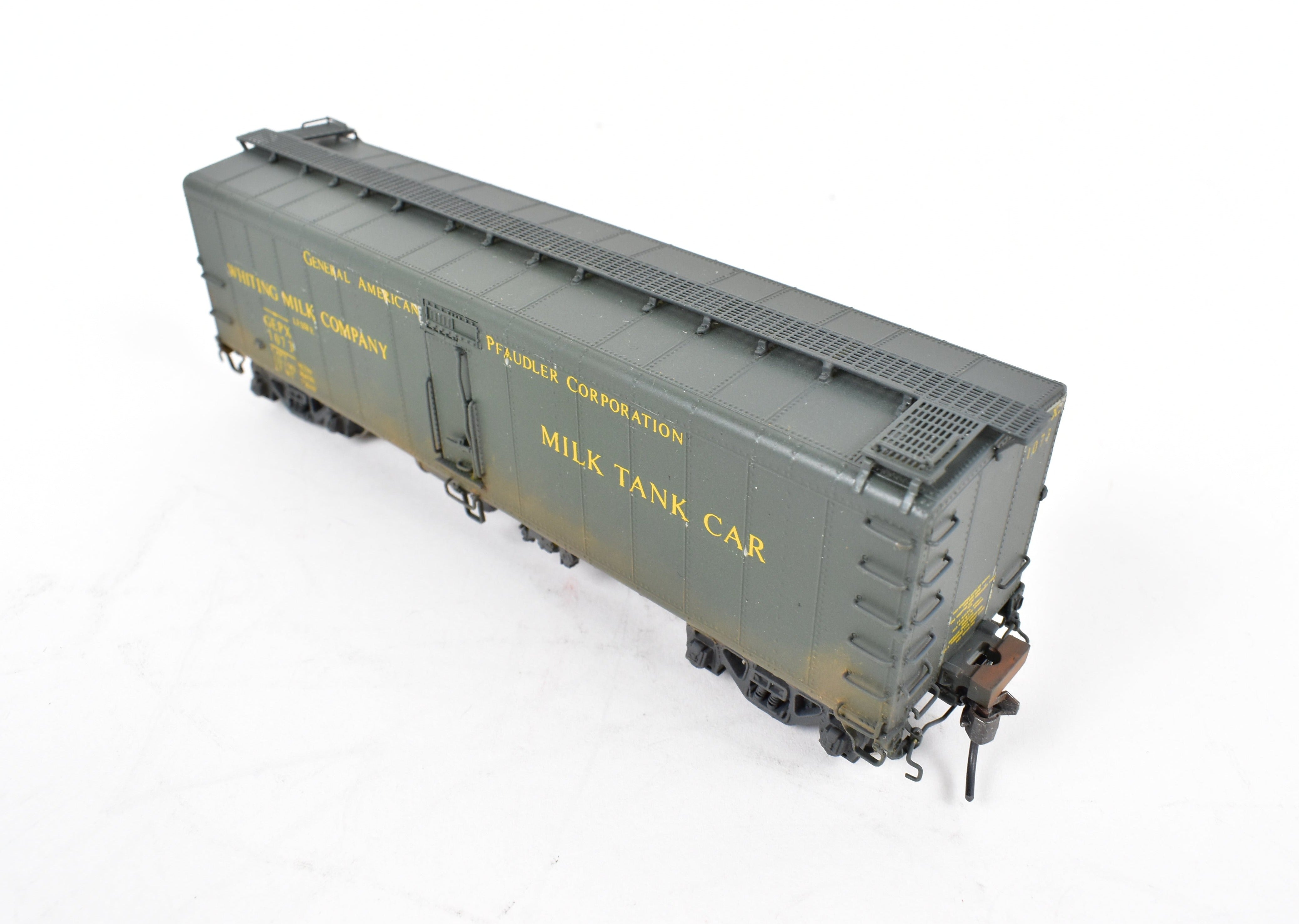HO Scale Brass Milk Tank Car Model by Overland Models, Inc. (OMI) - Various Roads 40'6 GPEX 1073 Pfaudler, Lighted and Weathered for Realistic Display