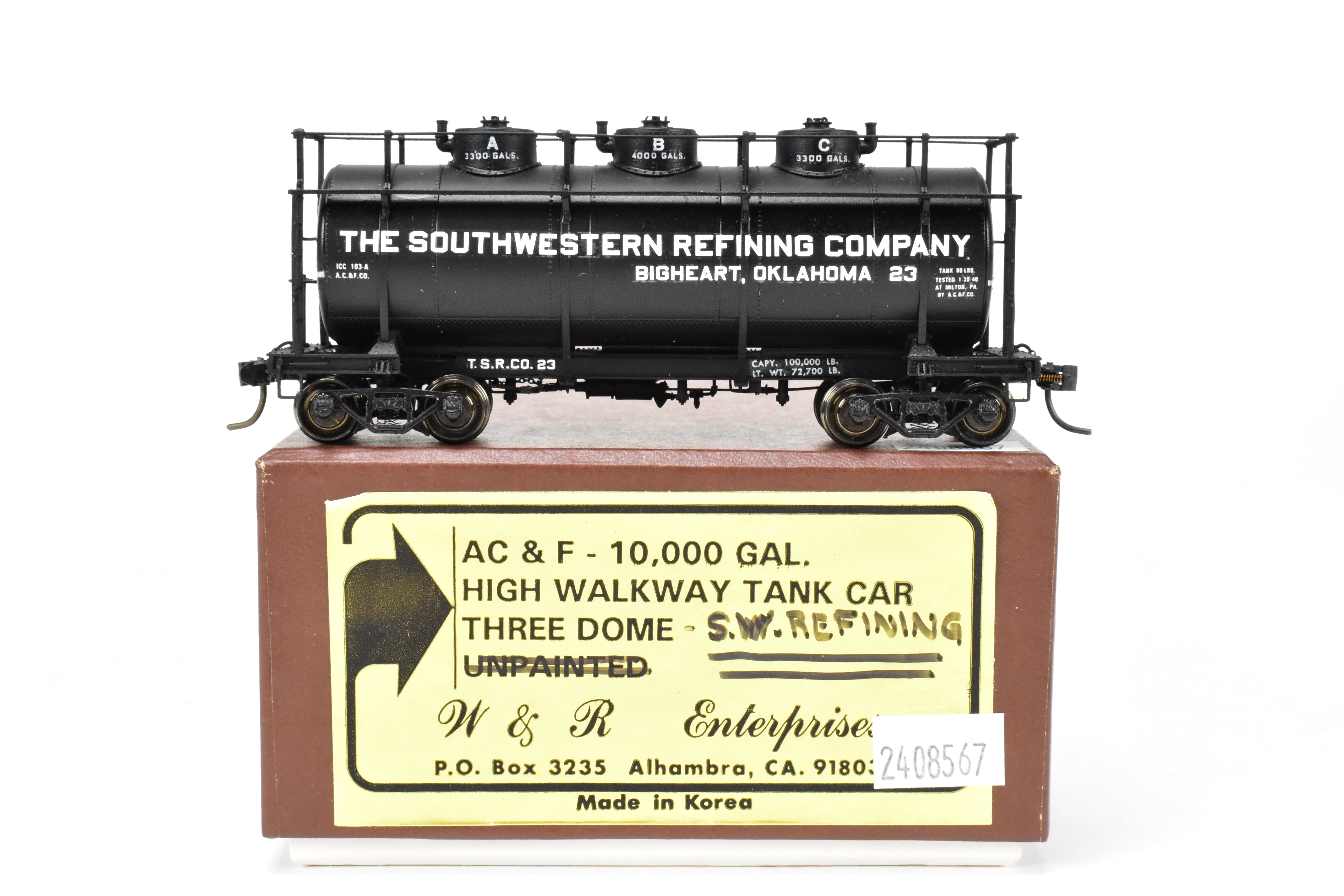 HO Scale Brass Model Train - W&R Enterprises Various Roads AC&F 10,000 GAL 3 - Dome Tank Car Featuring High Walkway and Custom Paint by The Southwestern Refining Company