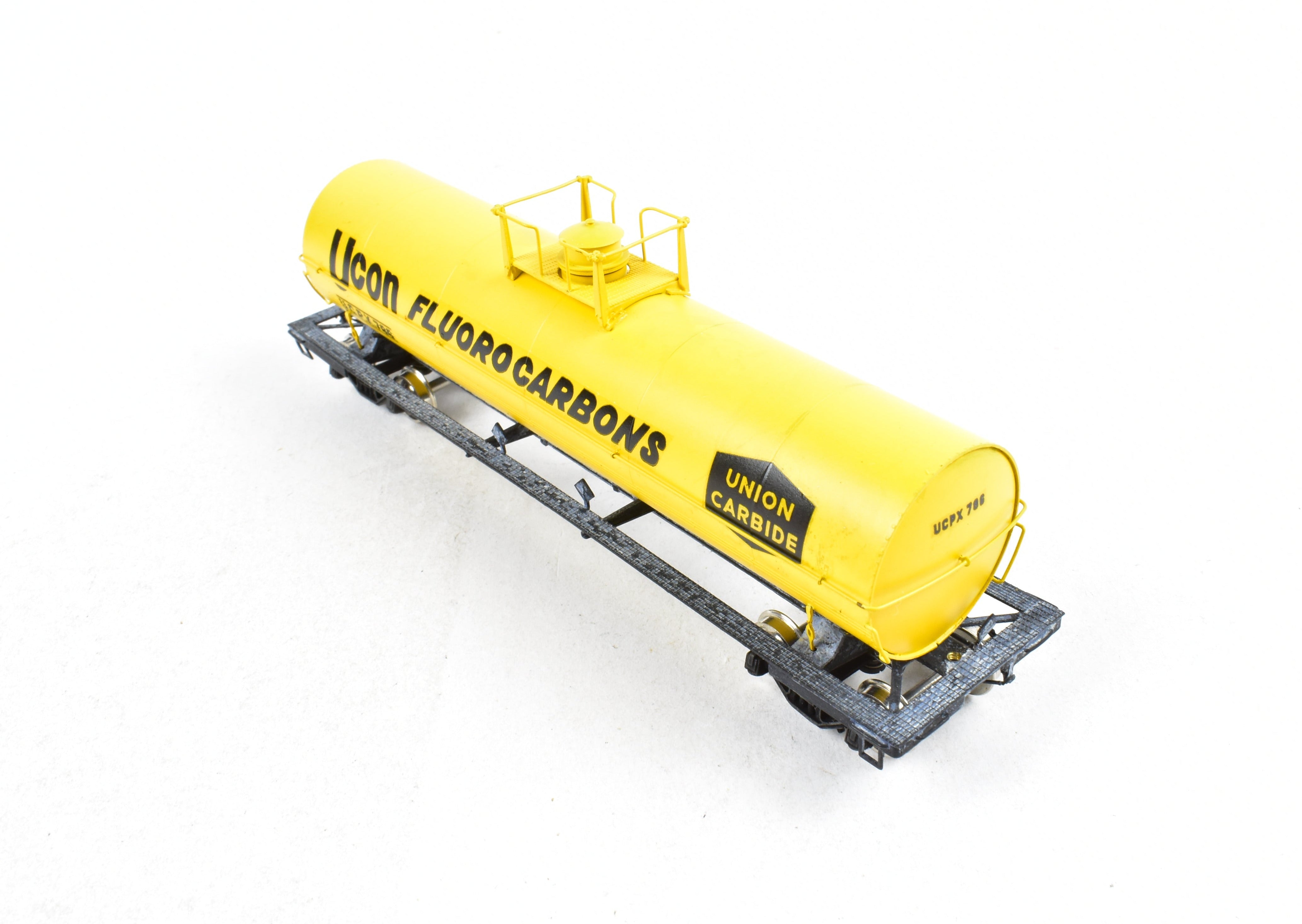 HO Scale Brass Precision Scale Co. (PSC) 12,000 Gallon Tank Car Factory-Painted in Yellow for Union Carbide, Various Roads Model