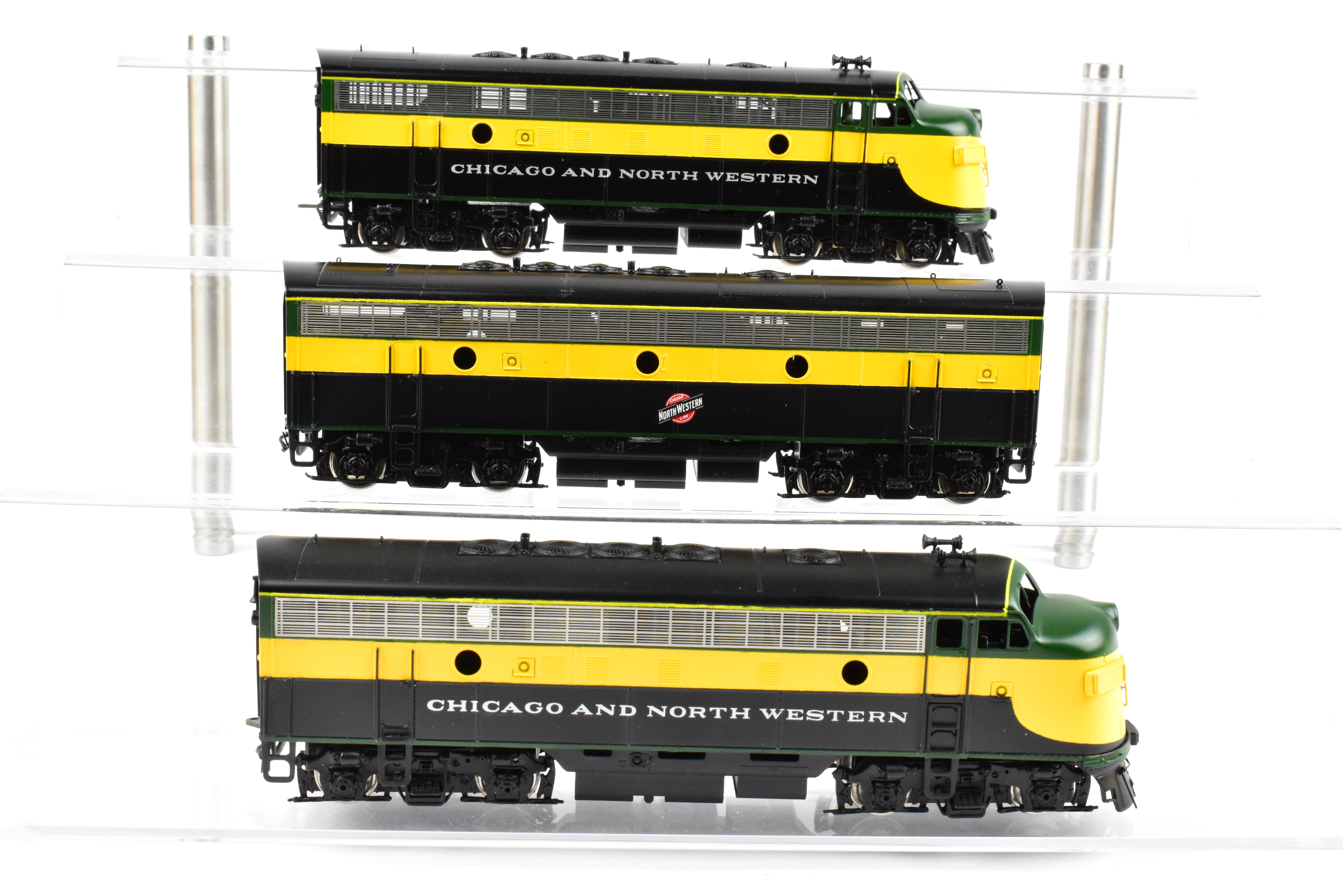 High - Quality HO Scale Brass Model Train Set - Chicago and Northwestern EMD F7A/F7B/F7A Phase I 1500 HP 3 - Unit Set in Freight Scheme by Oriental Limited