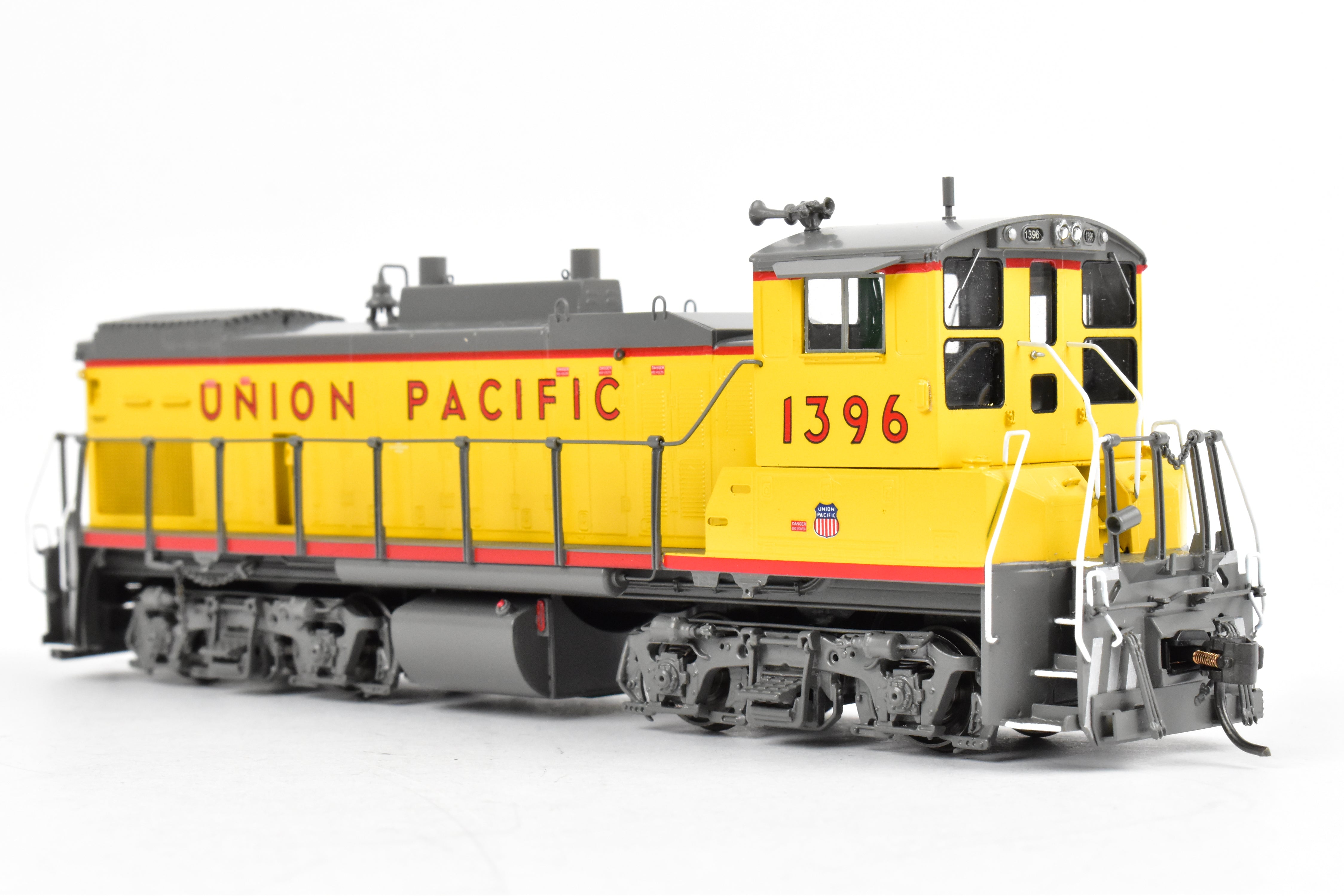 HO Scale Brass Model Train - Overland Models Inc. Union Pacific EMD MP15AC (formerly MKT) Freight Locomotive in Striking Yellow/Gray Color Scheme, Road Number 1396