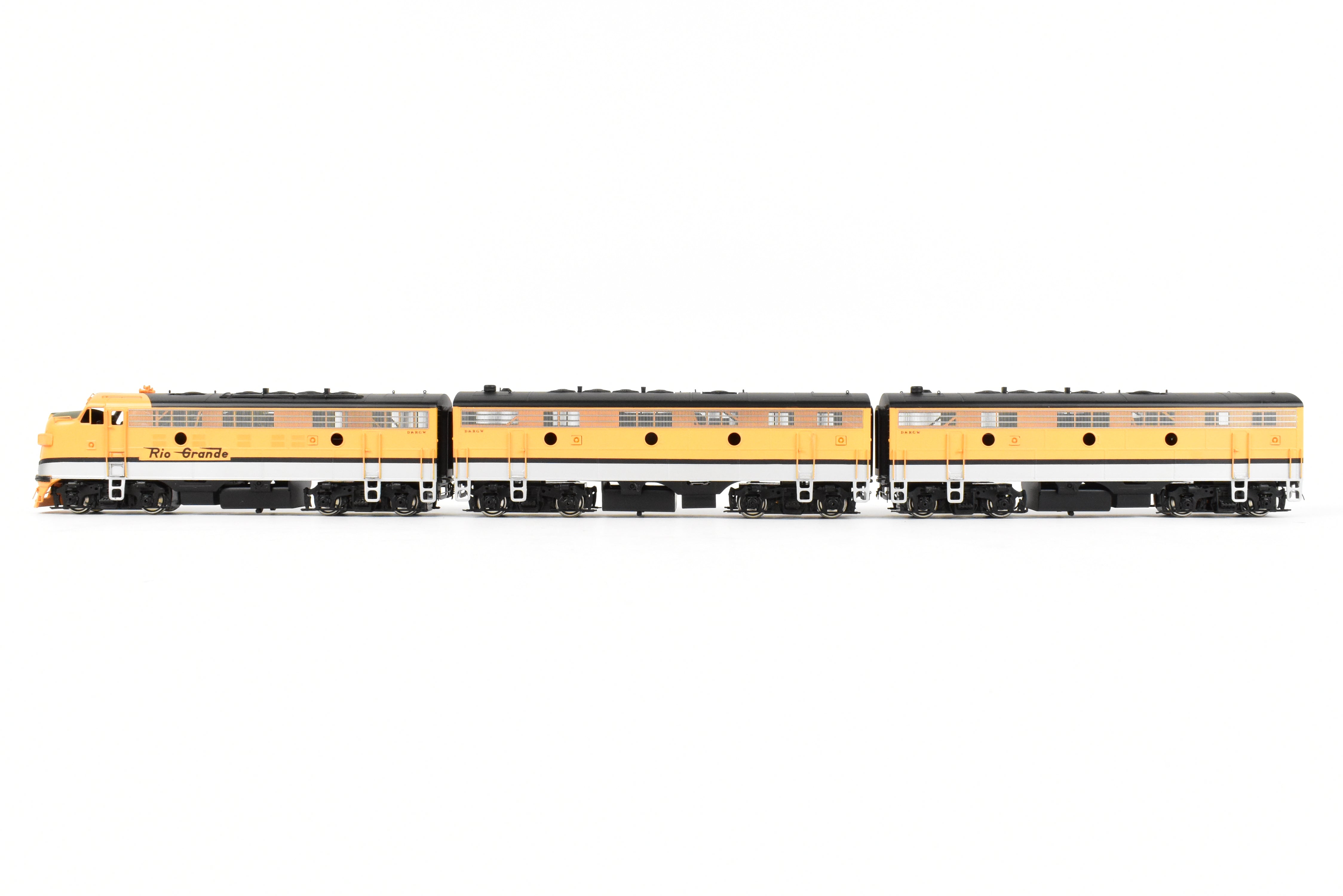 HO Scale Brass Model Train - Oriental Limited D&RGW Rio Grande EMD F9 A/B/B Set with 1750 HP Each and Factory Painted Finish