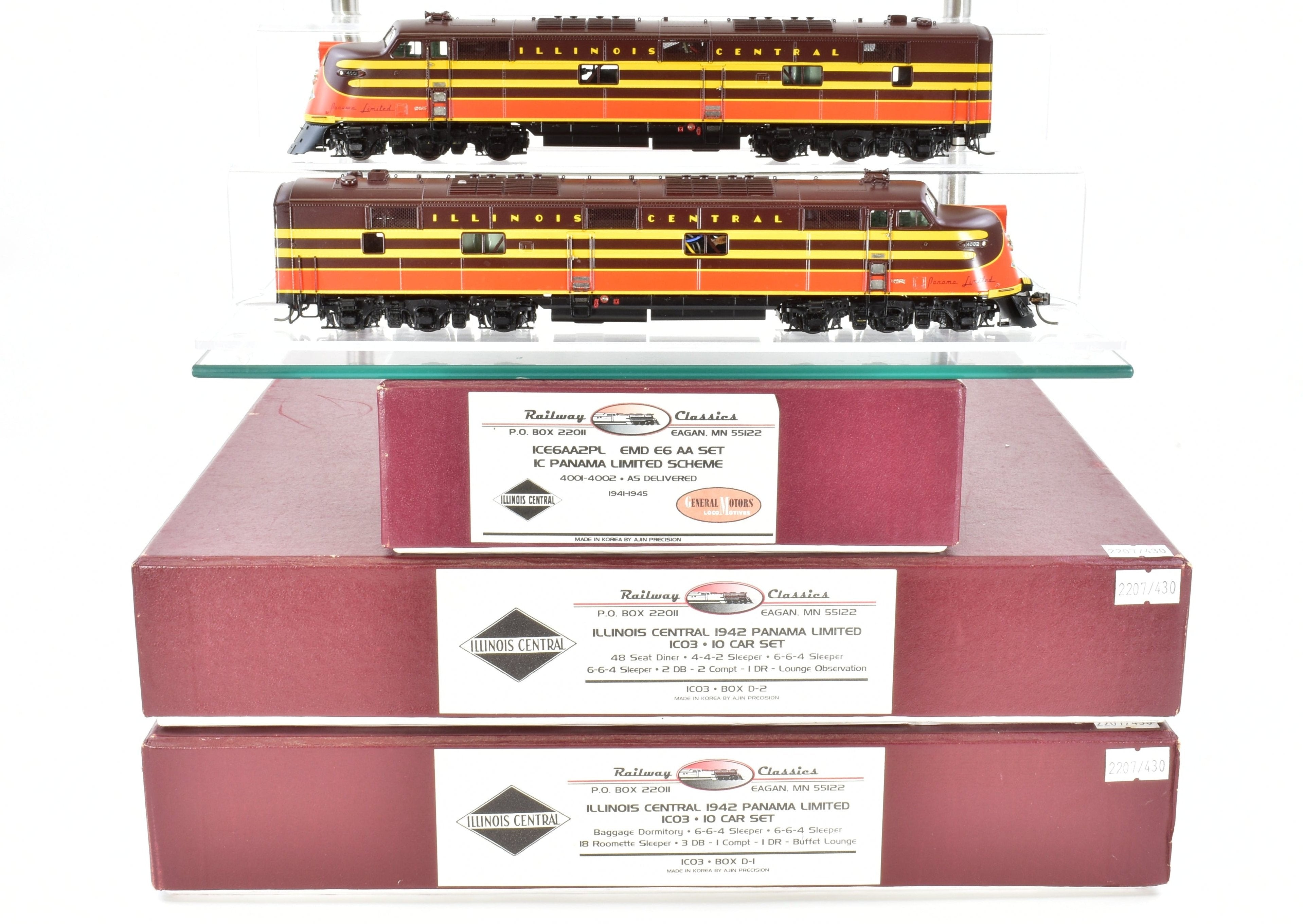 HO Scale Brass Model Train Set - Railway Classics Illinois Central 1942 Panama Limited 10-Car Set with EMD E6 AA Set F/P, Featuring ESU DCC & Sound System