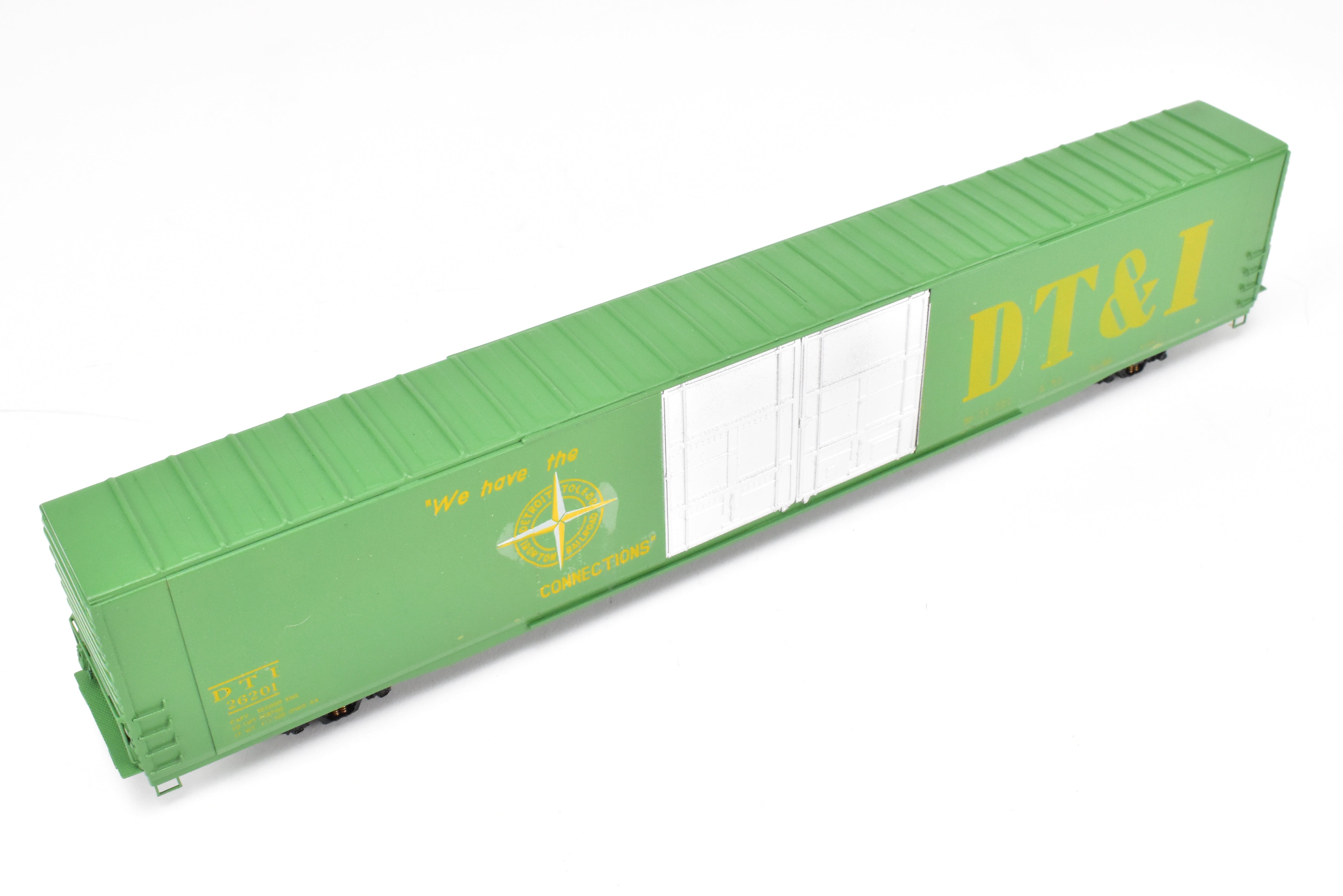 HO Scale Brass Model Trains - Detroit Toledo & Ironton (DT&I) 86 Foot High - Cube Boxcar, Custom - Painted in Lime Green, Model Number CP DT&I 26201
