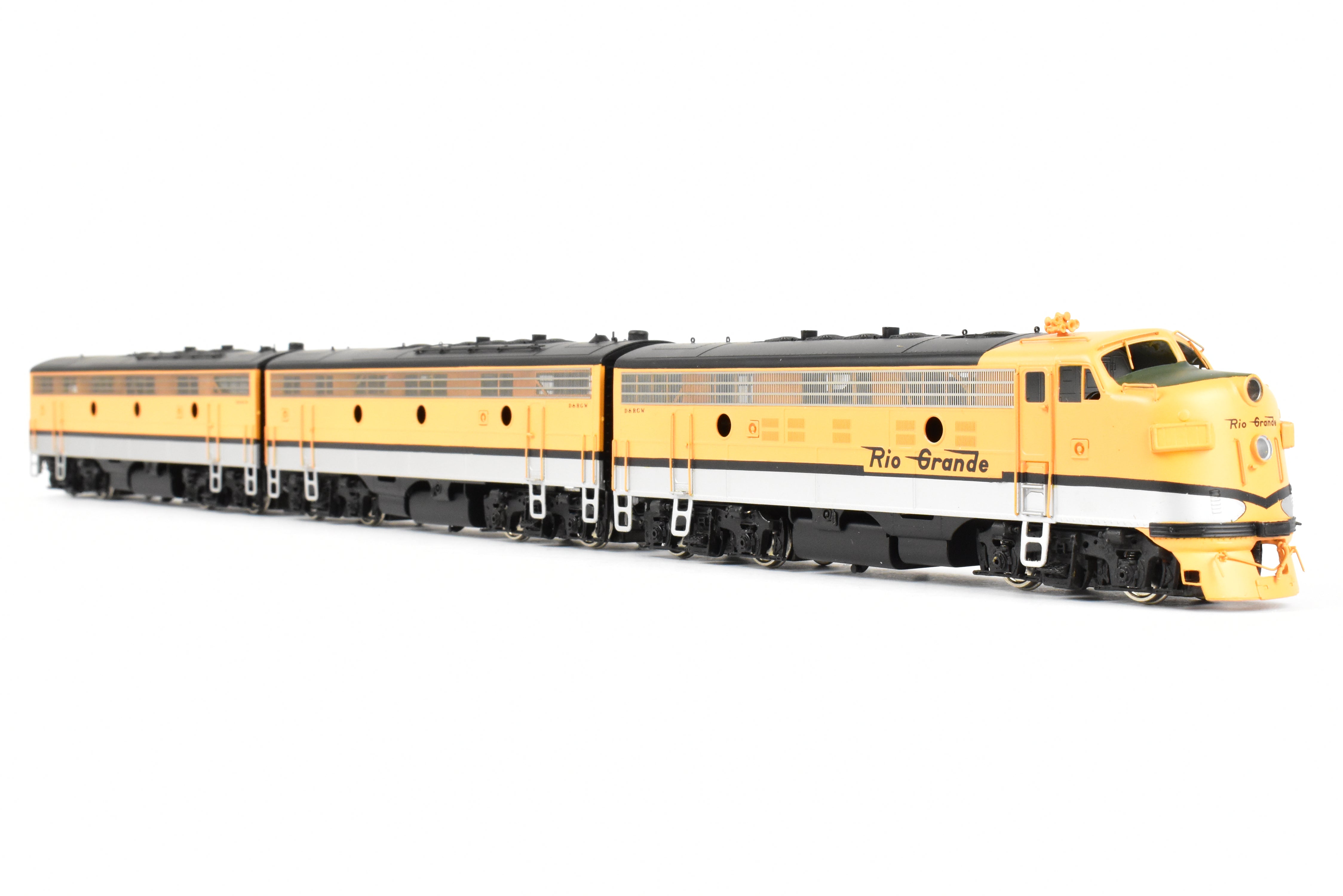 HO Scale Brass Model Train - Oriental Limited D&RGW Rio Grande EMD F9 A/B/B Set with 1750 HP Each and Factory Painted Finish