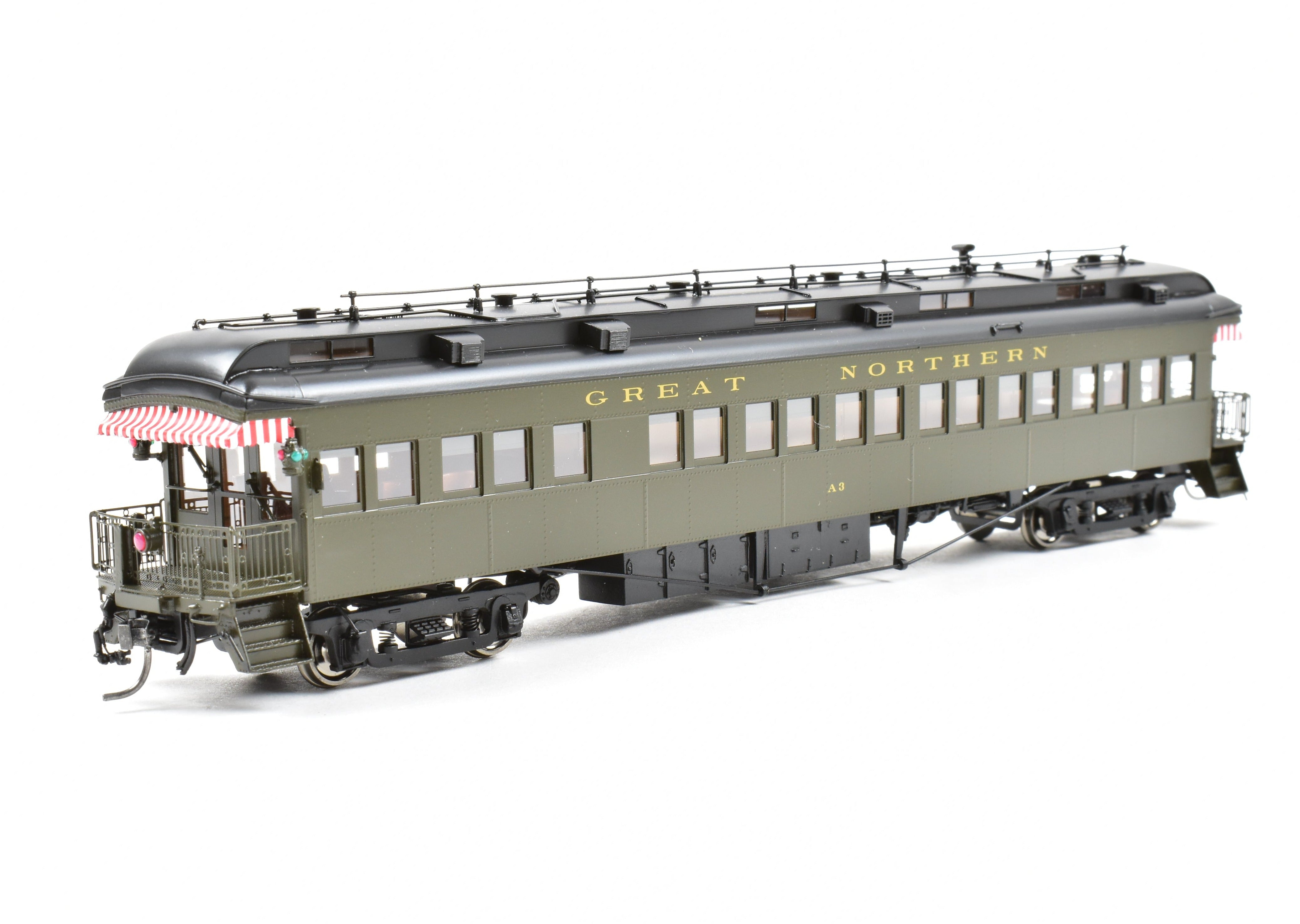 High - Quality HO Scale New Brass Model Train: North Bank Line (NBL) and Great Northern (GN) 2nd A3 Business Car in Pullman Green Color