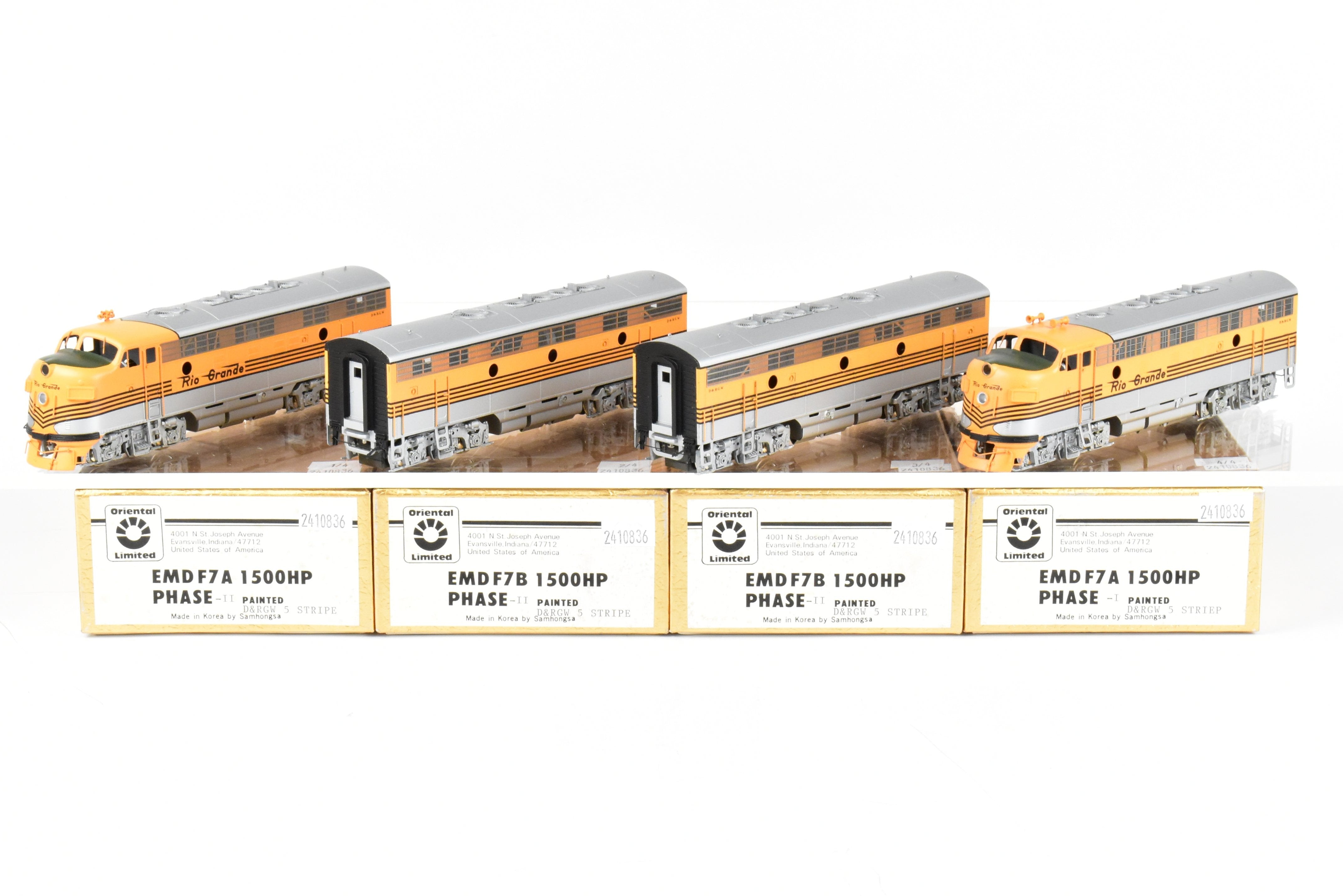 HO Brass Oriental Limited D&RGW EMD F7 A/B/B/A Set, 1500 HP, 5-Stripe Paint