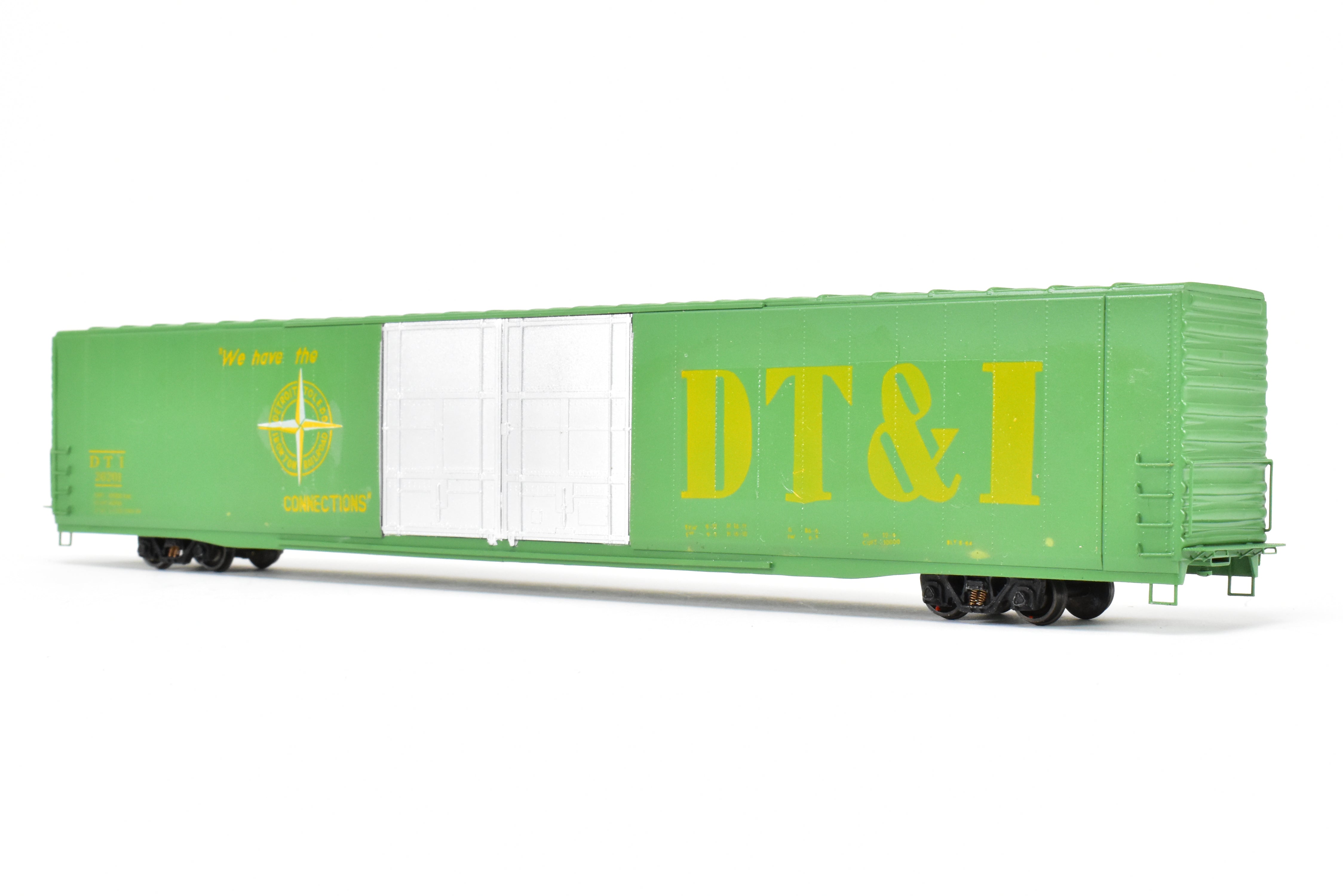 HO Scale Brass Model Trains - Detroit Toledo & Ironton (DT&I) 86 Foot High - Cube Boxcar, Custom - Painted in Lime Green, Model Number CP DT&I 26201
