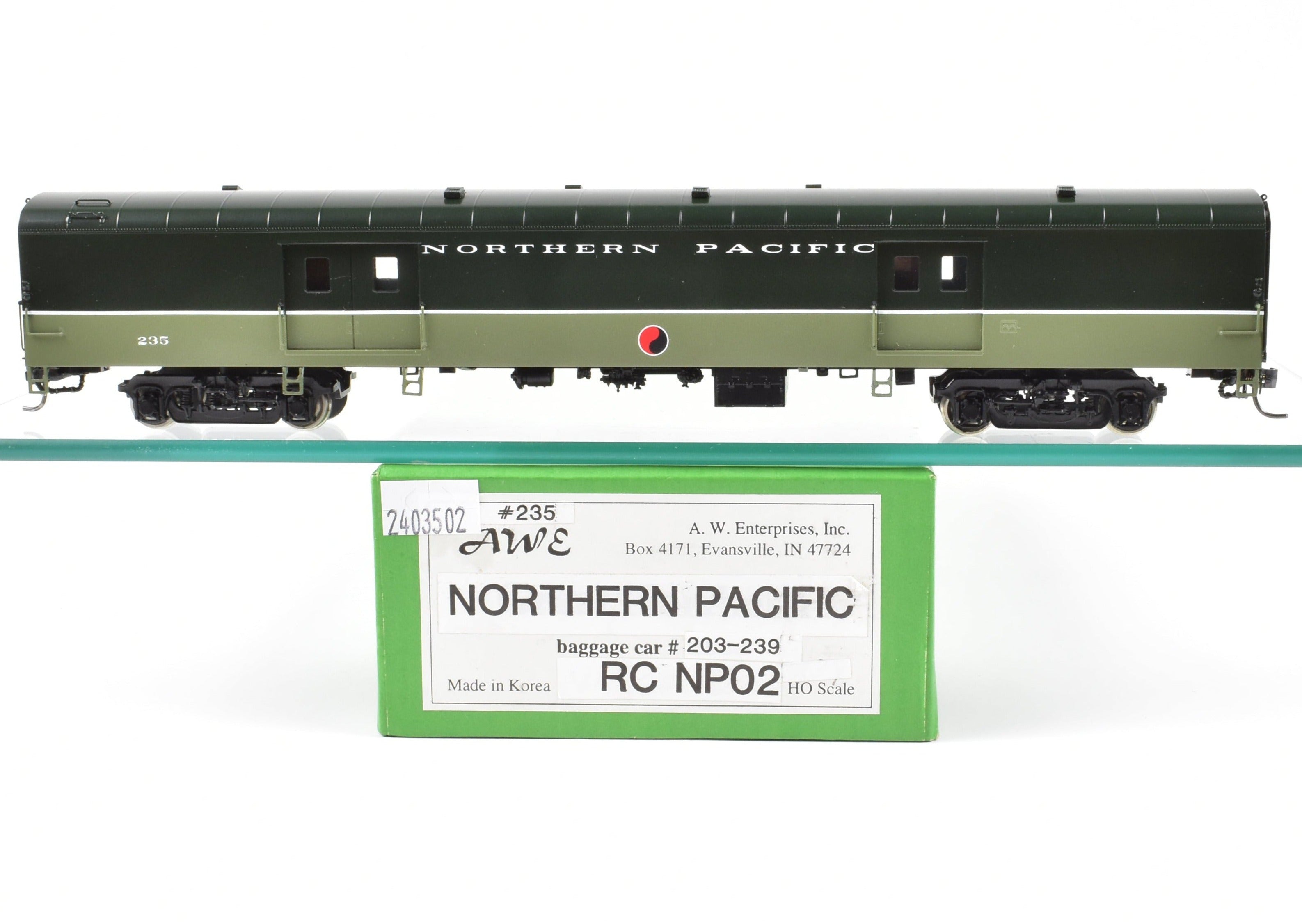 HO Scale Brass Model Railroad Baggage Car by A. W. Enterprises - Northern Pacific #203 - 239 Professionally Painted in North Coast Limited Lowey Scheme