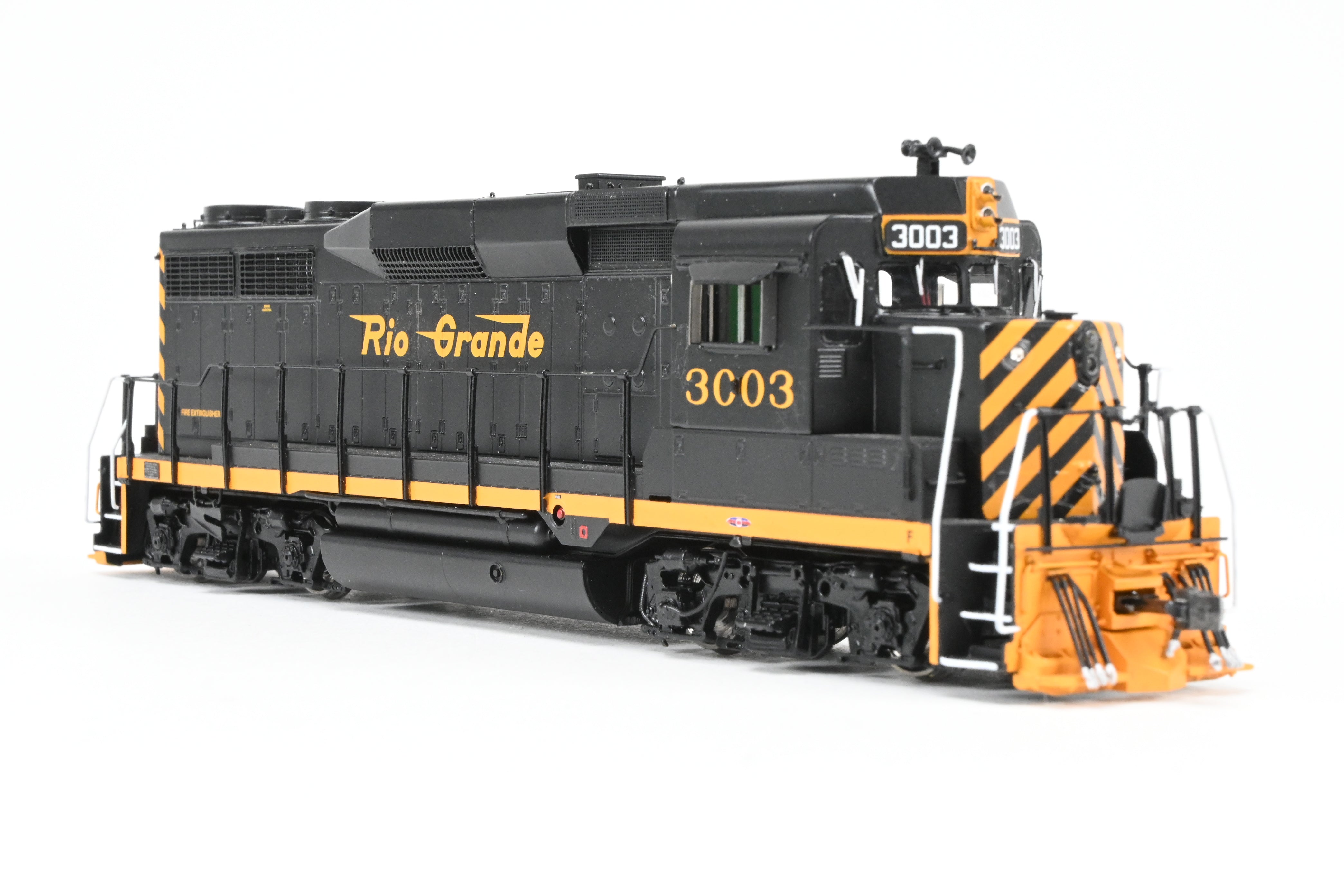 HO Scale Brass Diesel Locomotive Model - Overland Models, Inc. Denver And Rio Grande Western EMD GP30 FP in Black/Orange Color, Numbered #3003, Equipped with DCC & Sound