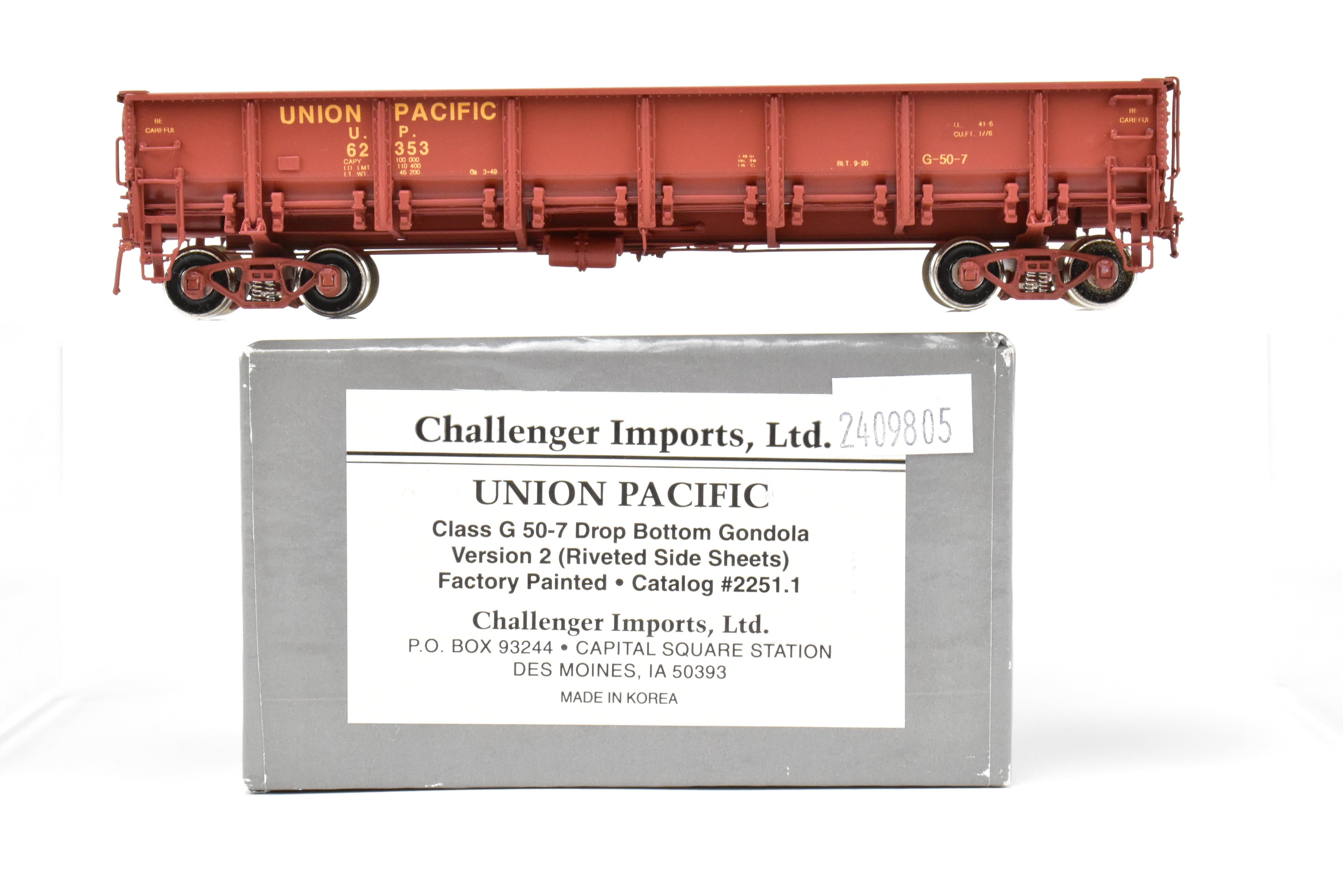 HO Scale Brass CIL - Challenger Imports Union Pacific Class G50 - 7 Drop Bottom Gondola Model, Version 2 with Riveted Side Sheets, Factory - Painted and Numbered FP #62353