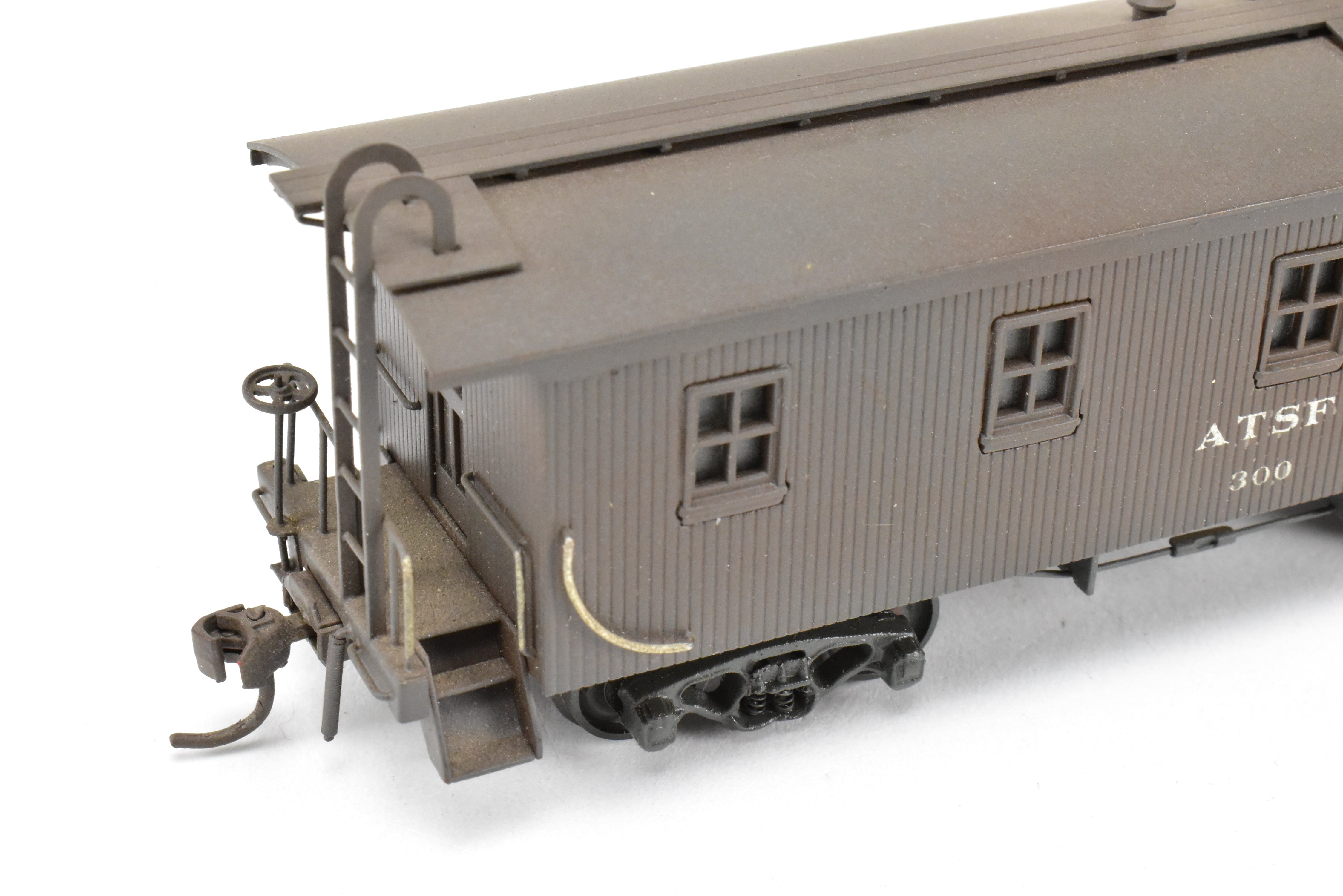 HO Scale Brass Model Trains by Trains, Inc. - ATSF Santa Fe Wood Caboose Custom Painted and Weathered, Number 300