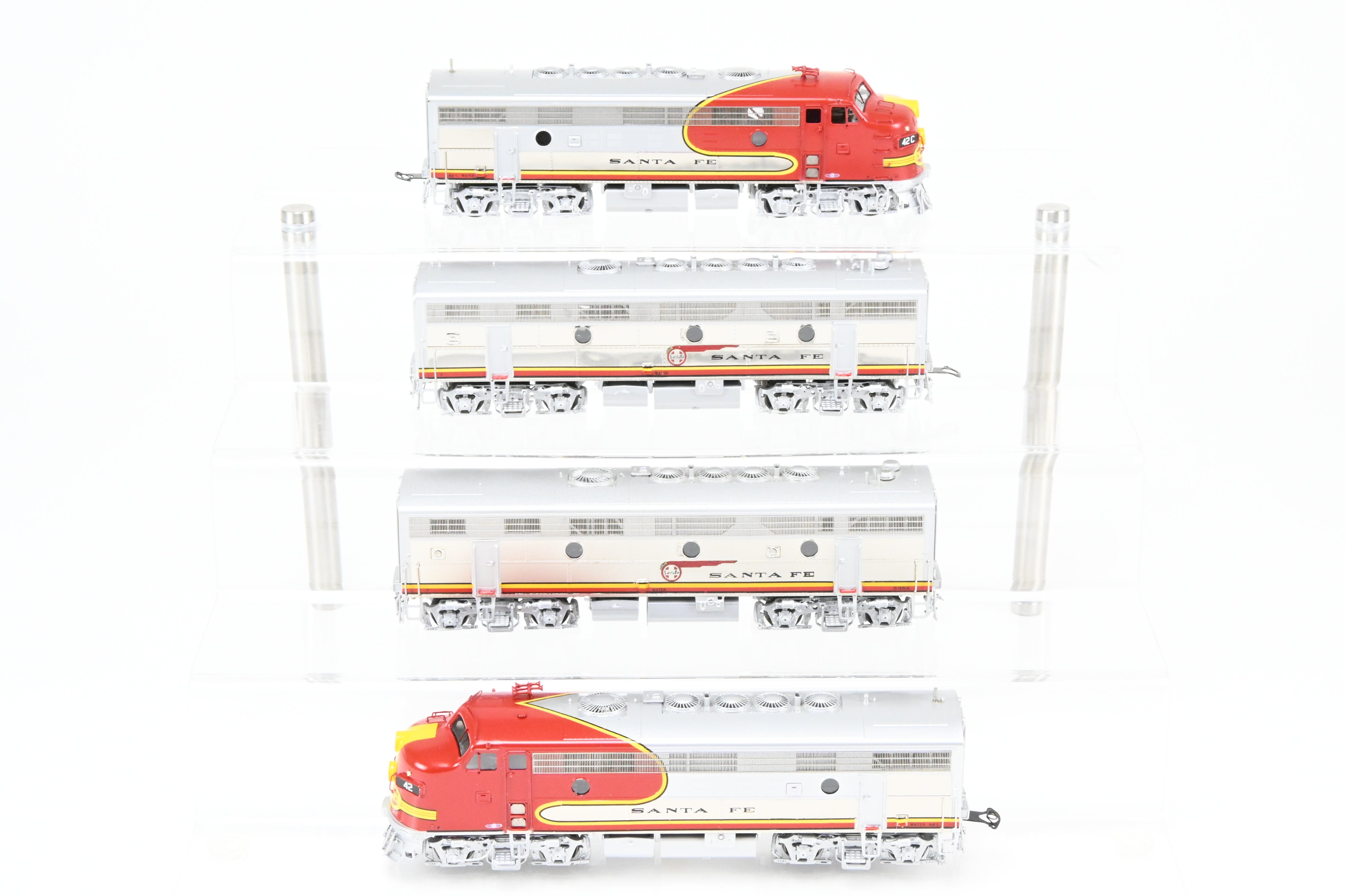 HO Scale Brass Model Train Set - Overland Models Inc. ATSF - Santa Fe EMD F7 A - B - B - A Set #1 (1950's Era FP) with Cars #42L, 42A, 42B, 42C