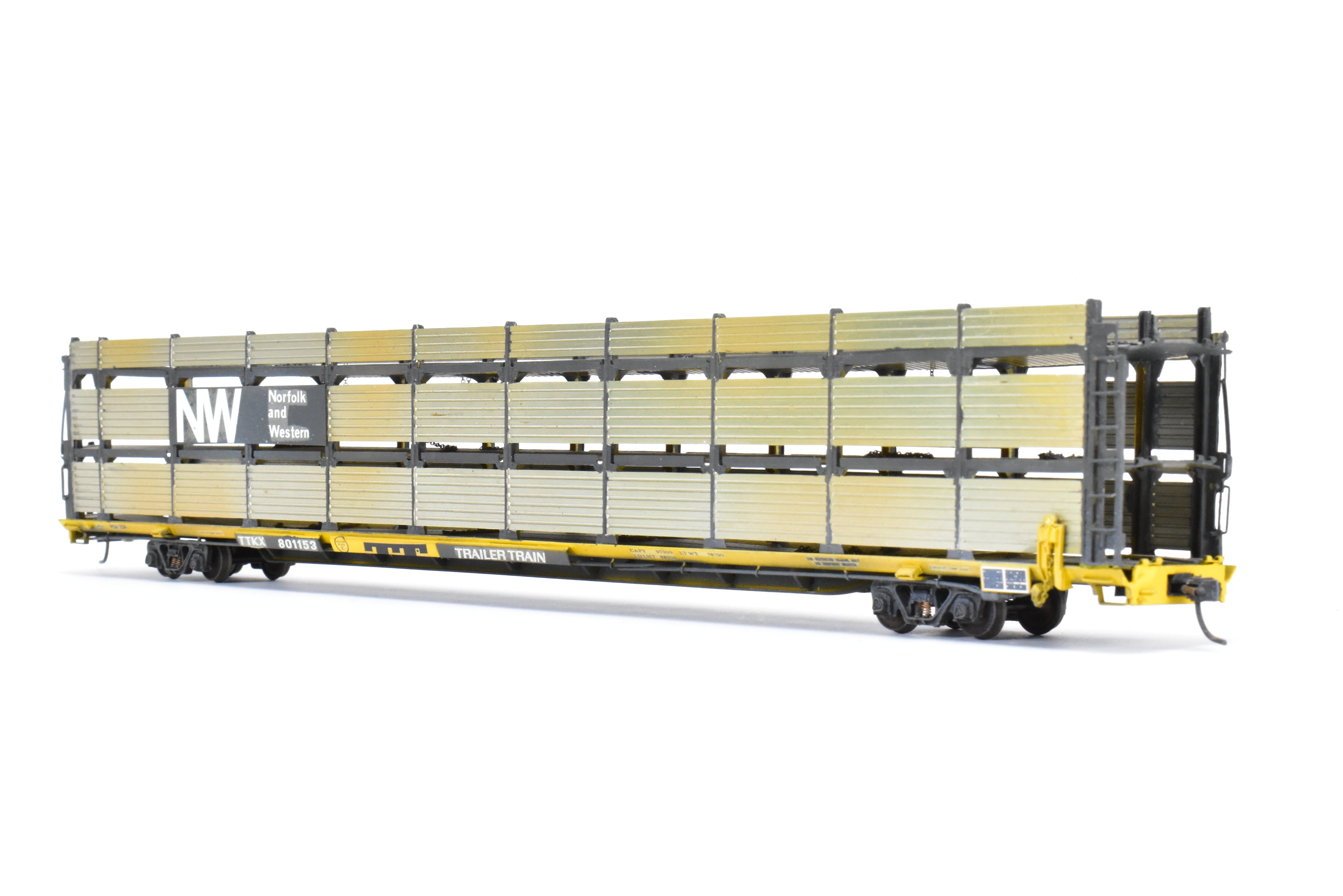 HO Scale Brass Model Tri-Level Auto Rack by Overland Models, Inc. (OMI) - Norfolk & Western Design with Pressed Sides, No Roof, C/P TTKX, and Lightly Weathered Appearance