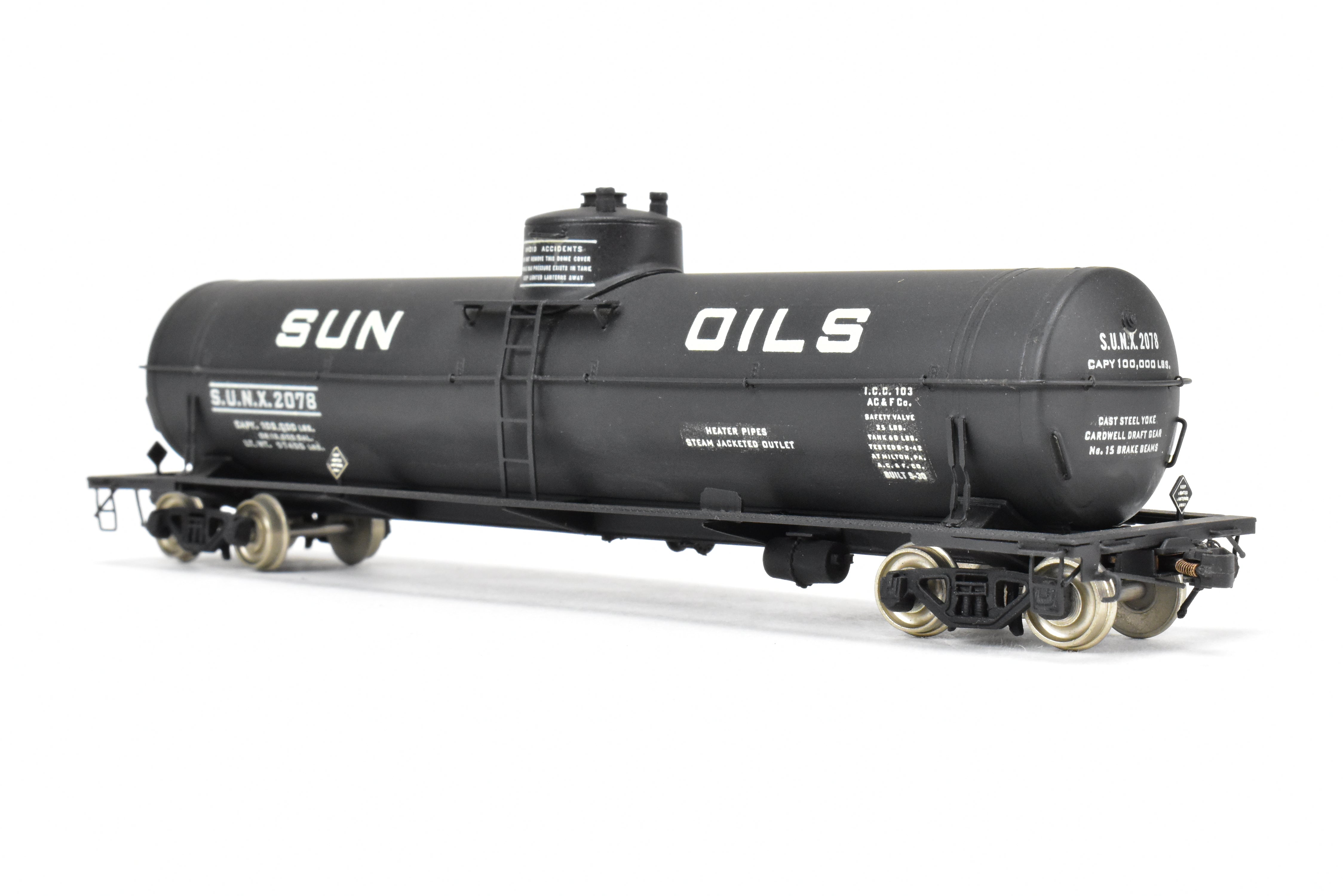 HO Scale Brass Precision Scale Co. (PSC) 16,000 Gallon Tank Car with Various Roads and Sun Oils Decals for Model Trains