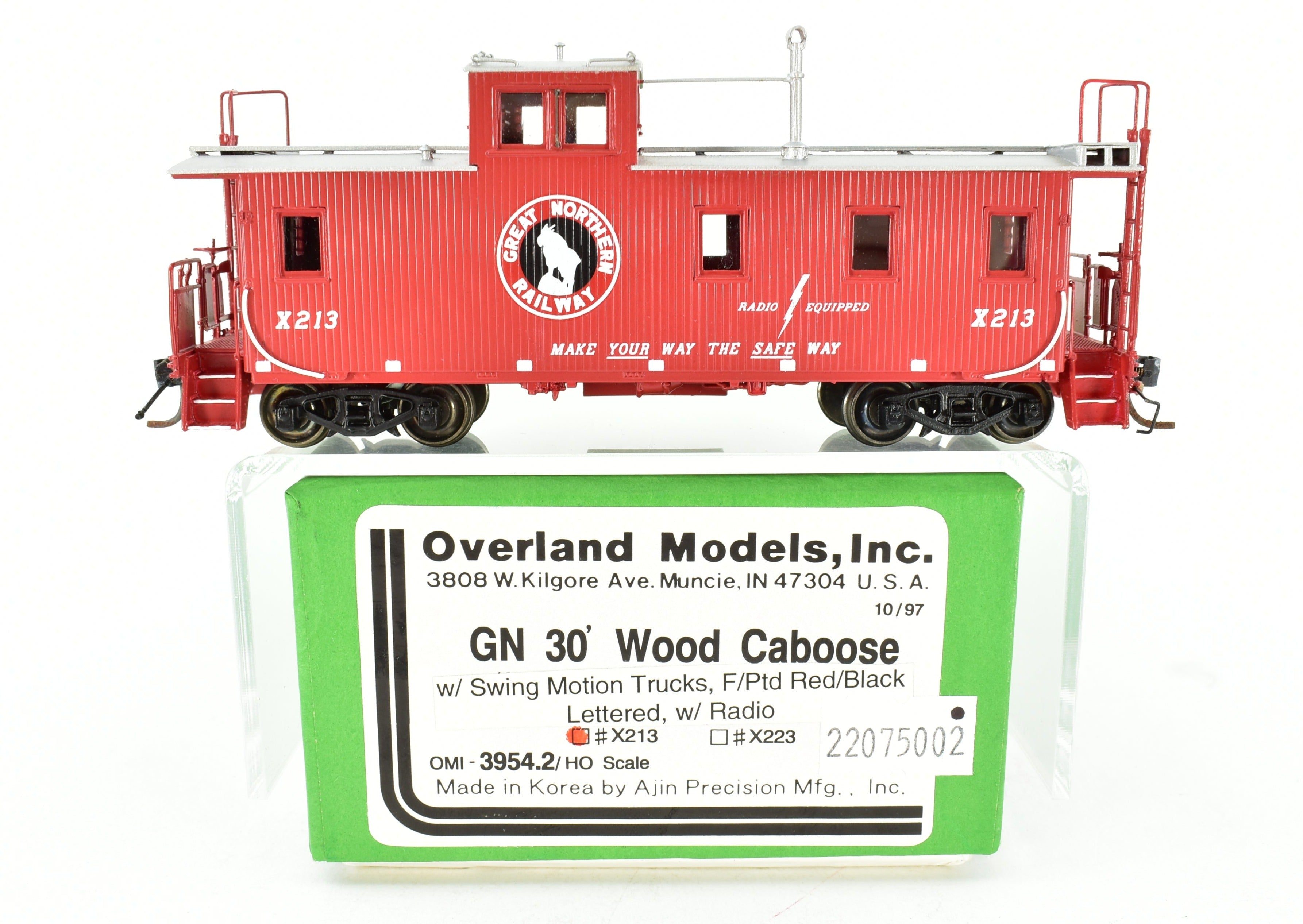 HO Brass OMI Overland Models' Great Northern 30' Factory - Painted Wood Caboose No. X - 213