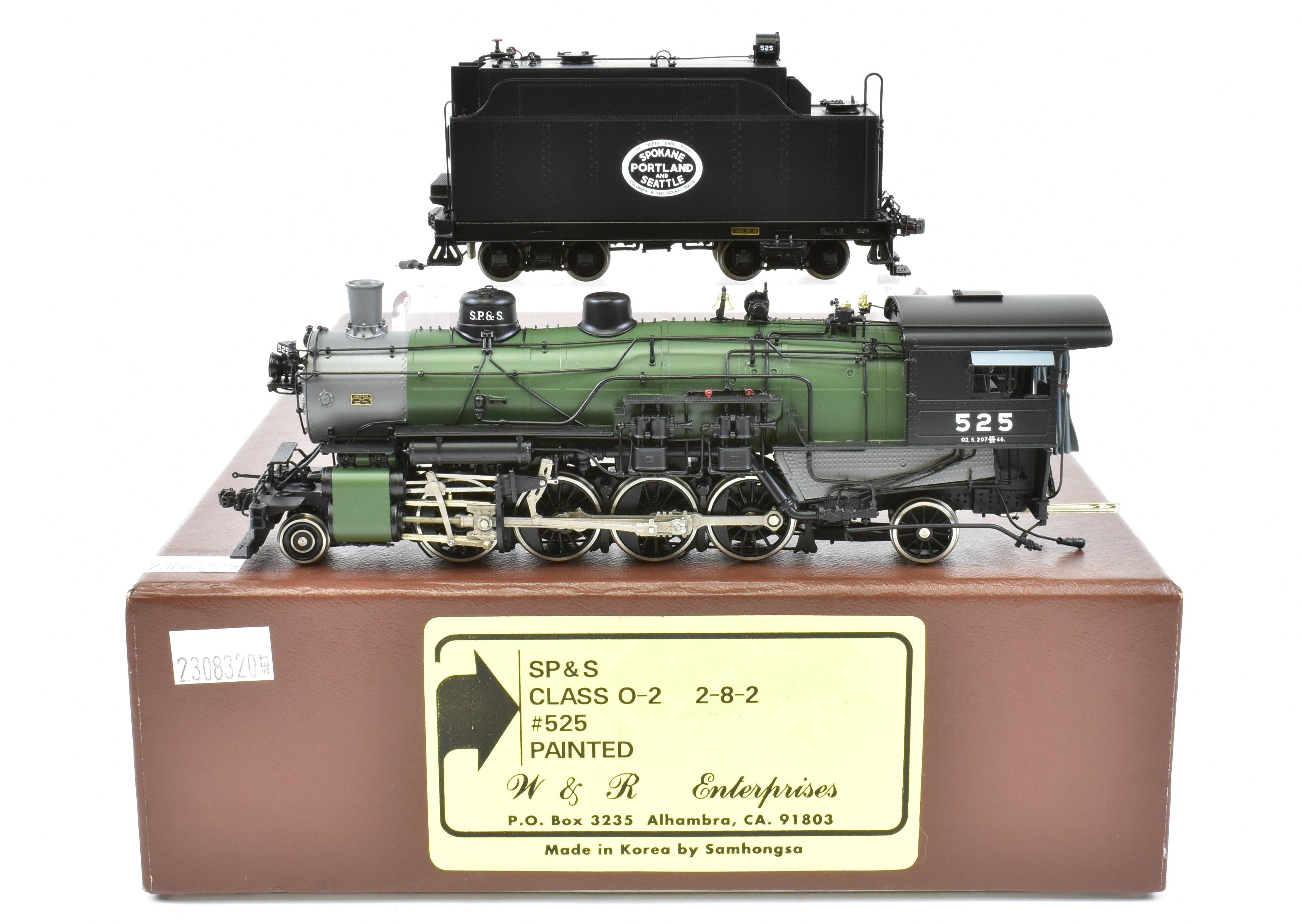 HO Scale Brass Model Train - W&R Enterprises SP&S - Spokane, Portland & Seattle Railway Class O - 2 2 - 8 - 2 FP Glacier Scheme Locomotive No. 525