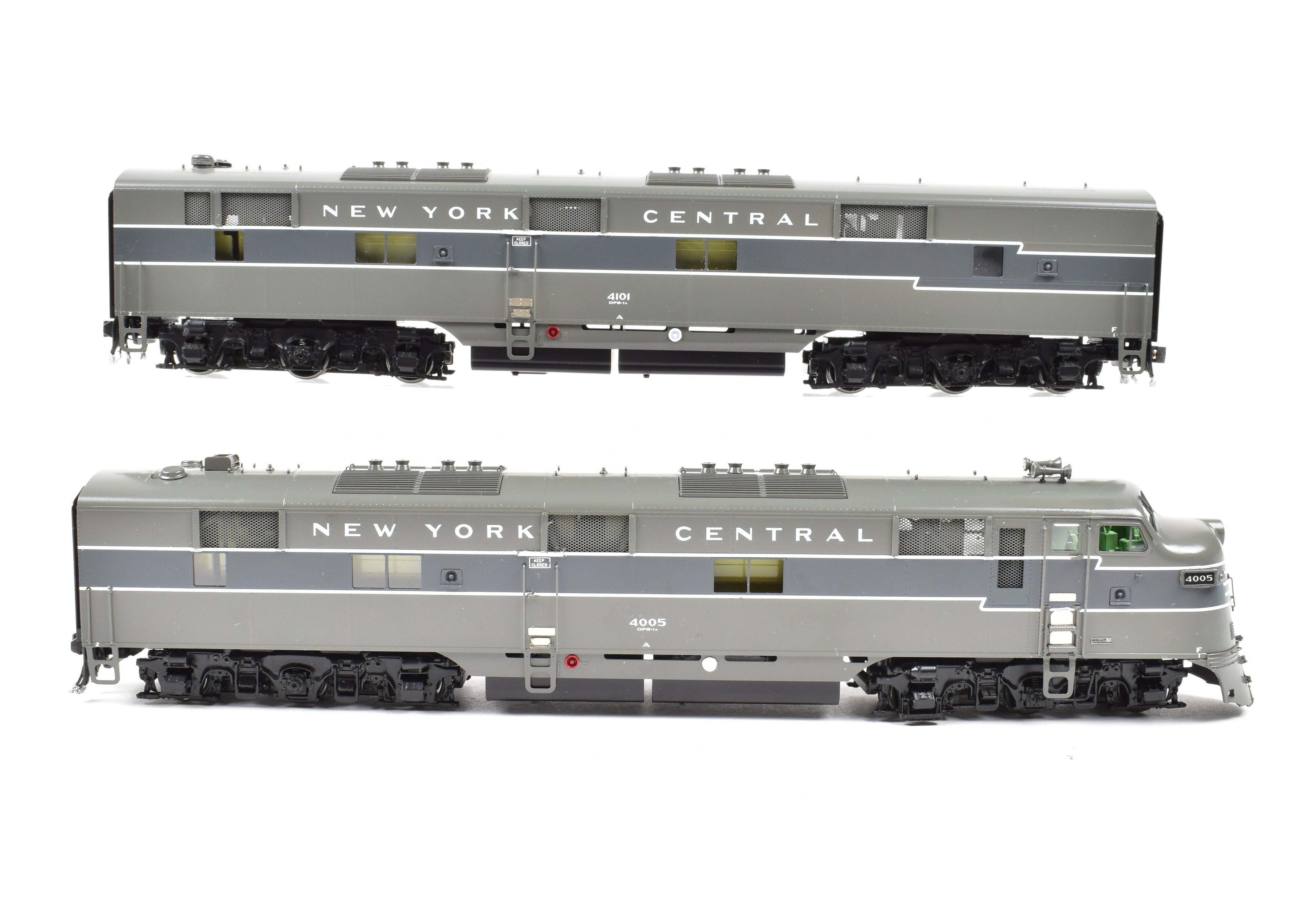 HO Scale Brass Model Train Set - New York Central EMD E7A/E7B Set FP Nos. 4005/4101 with Reverse Lightning Stripe by Challenger Imports NYC