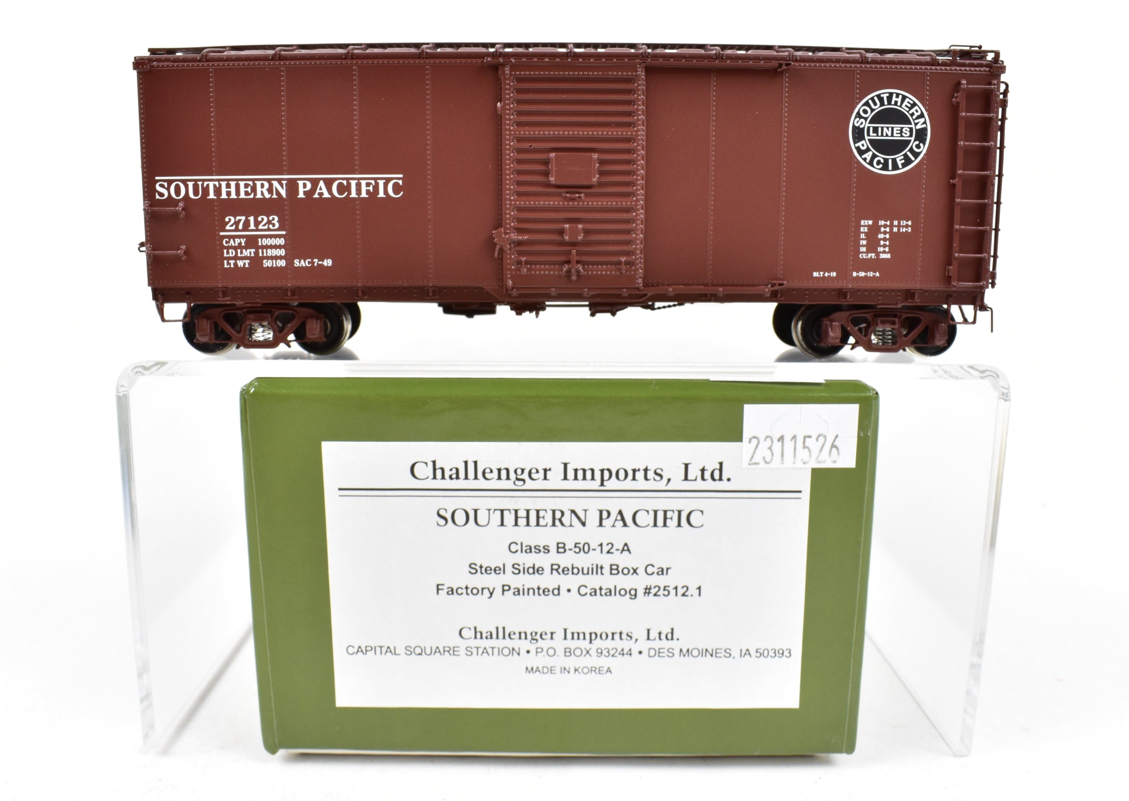 HO Scale Brass Challenger Imports CIL Southern Pacific Class B - 50 - 12 - A Rebuilt Steel Side Box Car Factory Painted with Number 27123