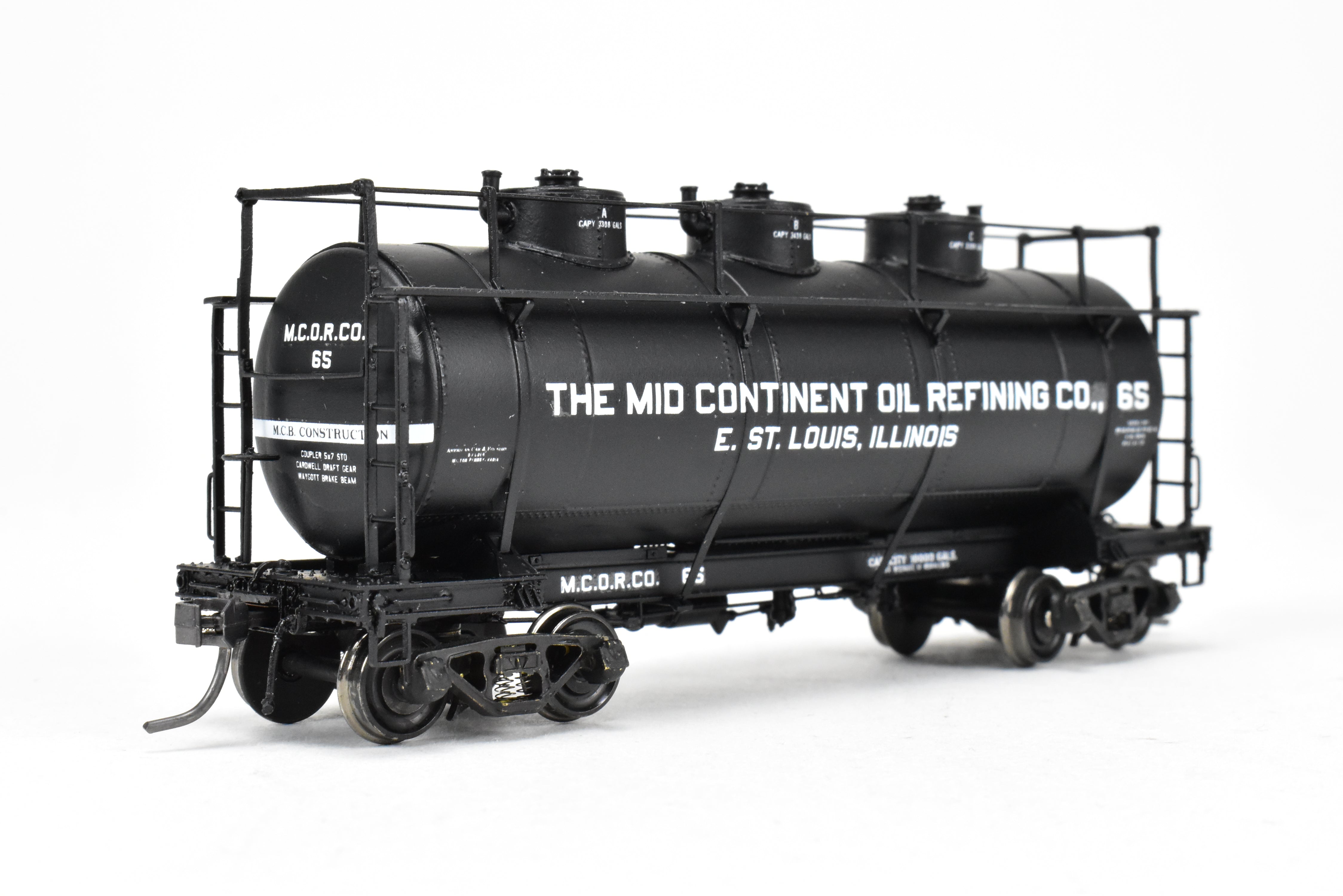 HO Scale Brass Model Train W&R Enterprises Various Roads AC&F 10,000 Gallon 3-Dome Tank Car Featuring High Walkway and Custom Paint by The Mid Continent Oil Refining Co.