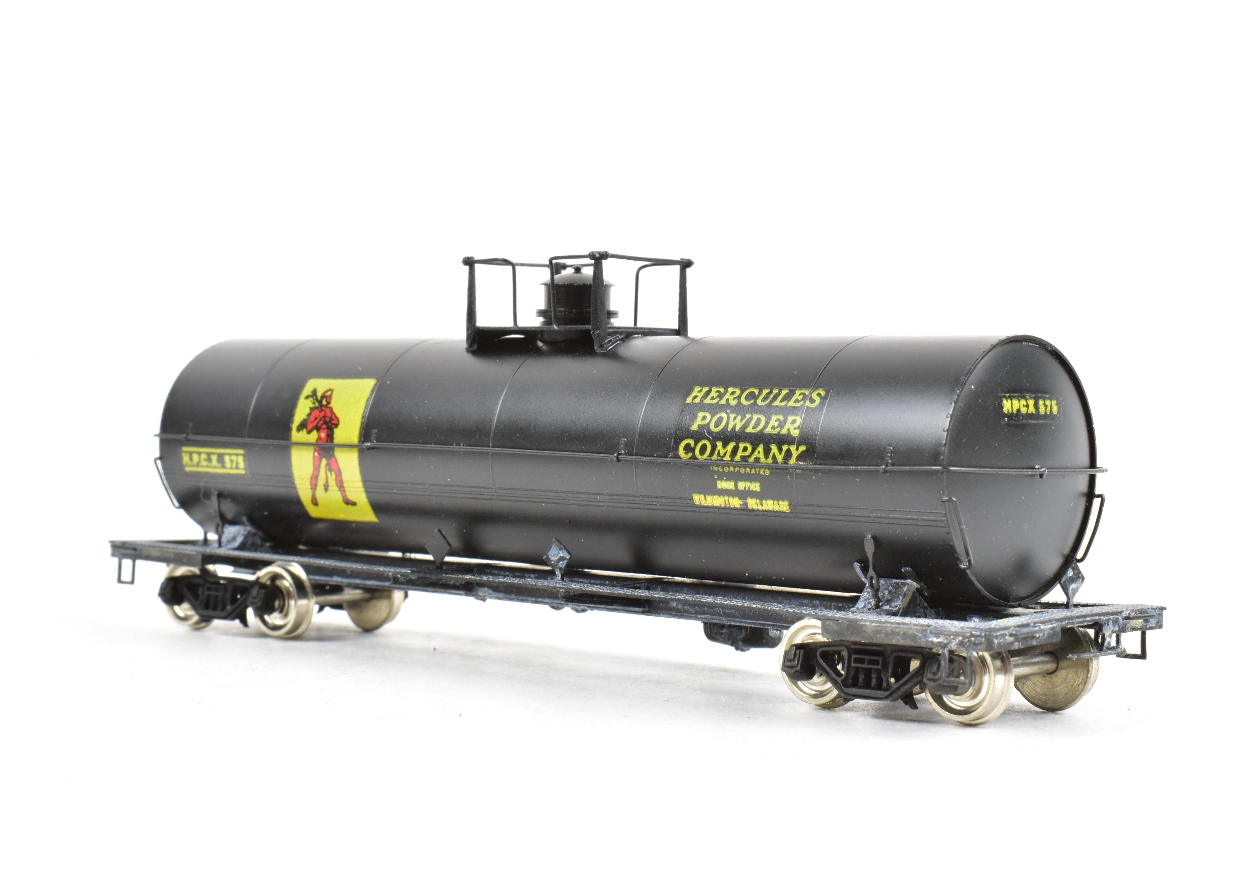 HO Scale Brass Precision Scale Co. 12,000 Gallon Tank Car, Professionally Painted Black with Hercules Powder Company Lettering