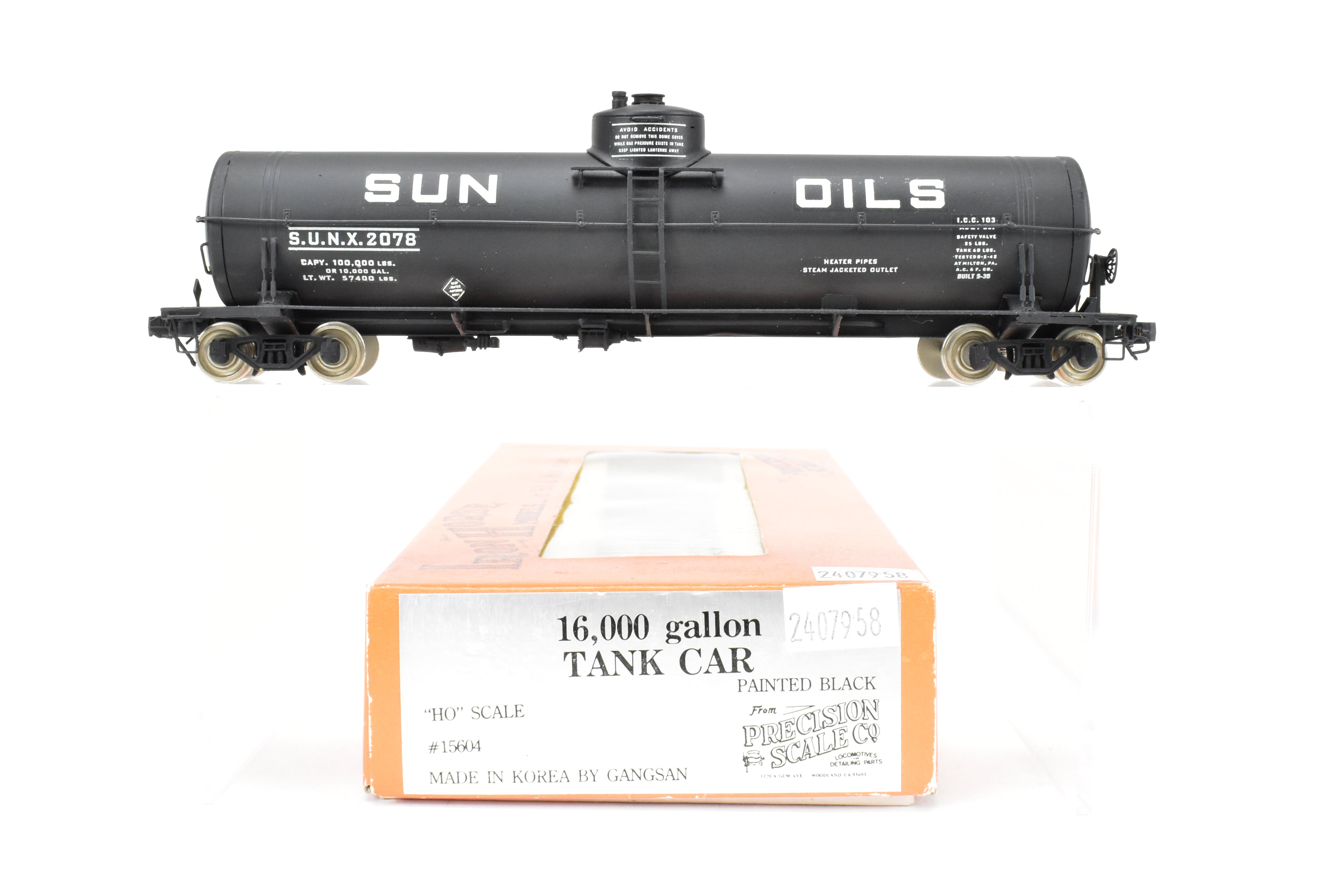 HO Scale Brass Precision Scale Co. (PSC) 16,000 Gallon Tank Car with Various Roads and Sun Oils Decals for Model Trains