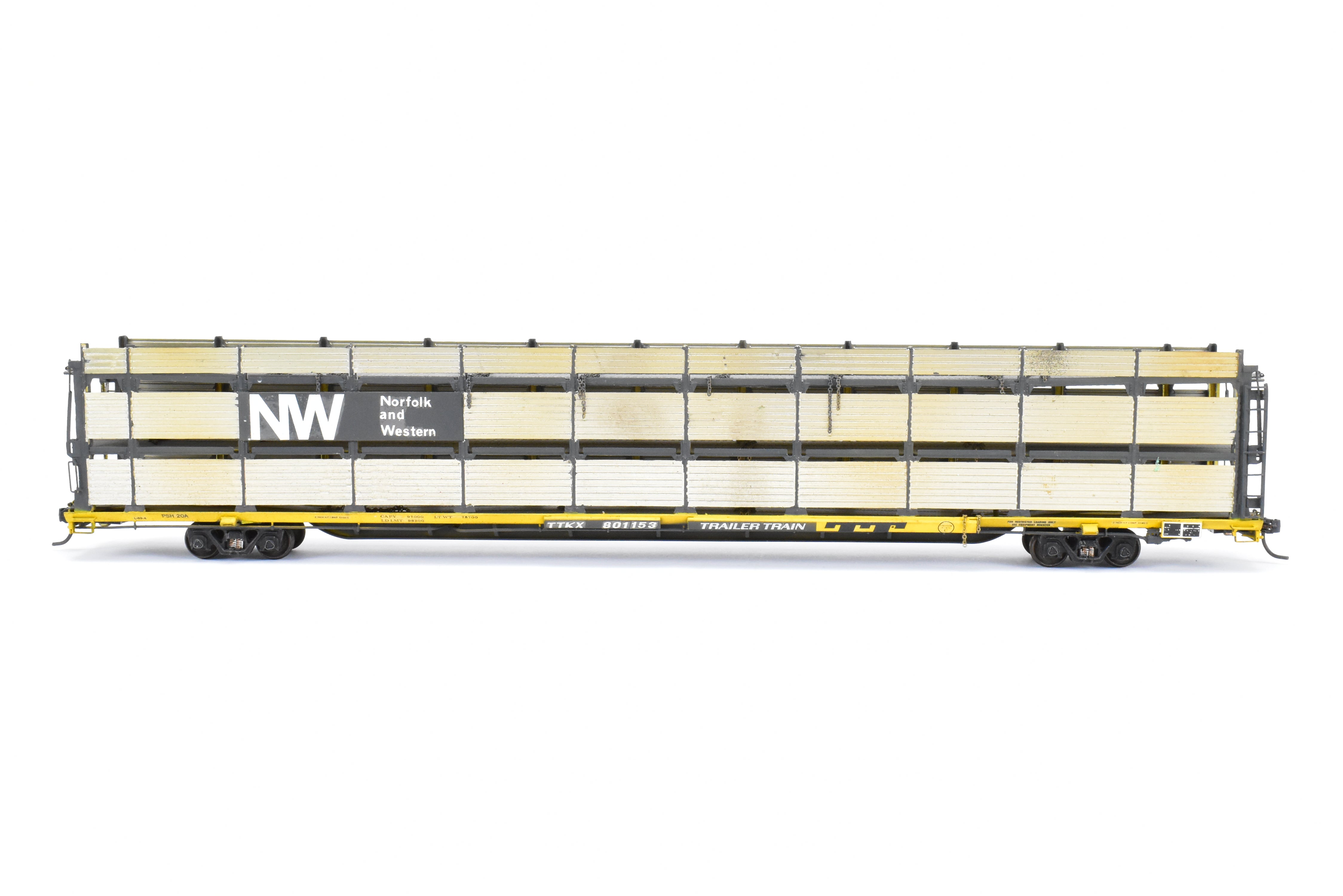 HO Scale Brass Model Tri-Level Auto Rack by Overland Models, Inc. (OMI) - Norfolk & Western Design with Pressed Sides, No Roof, C/P TTKX, and Lightly Weathered Appearance
